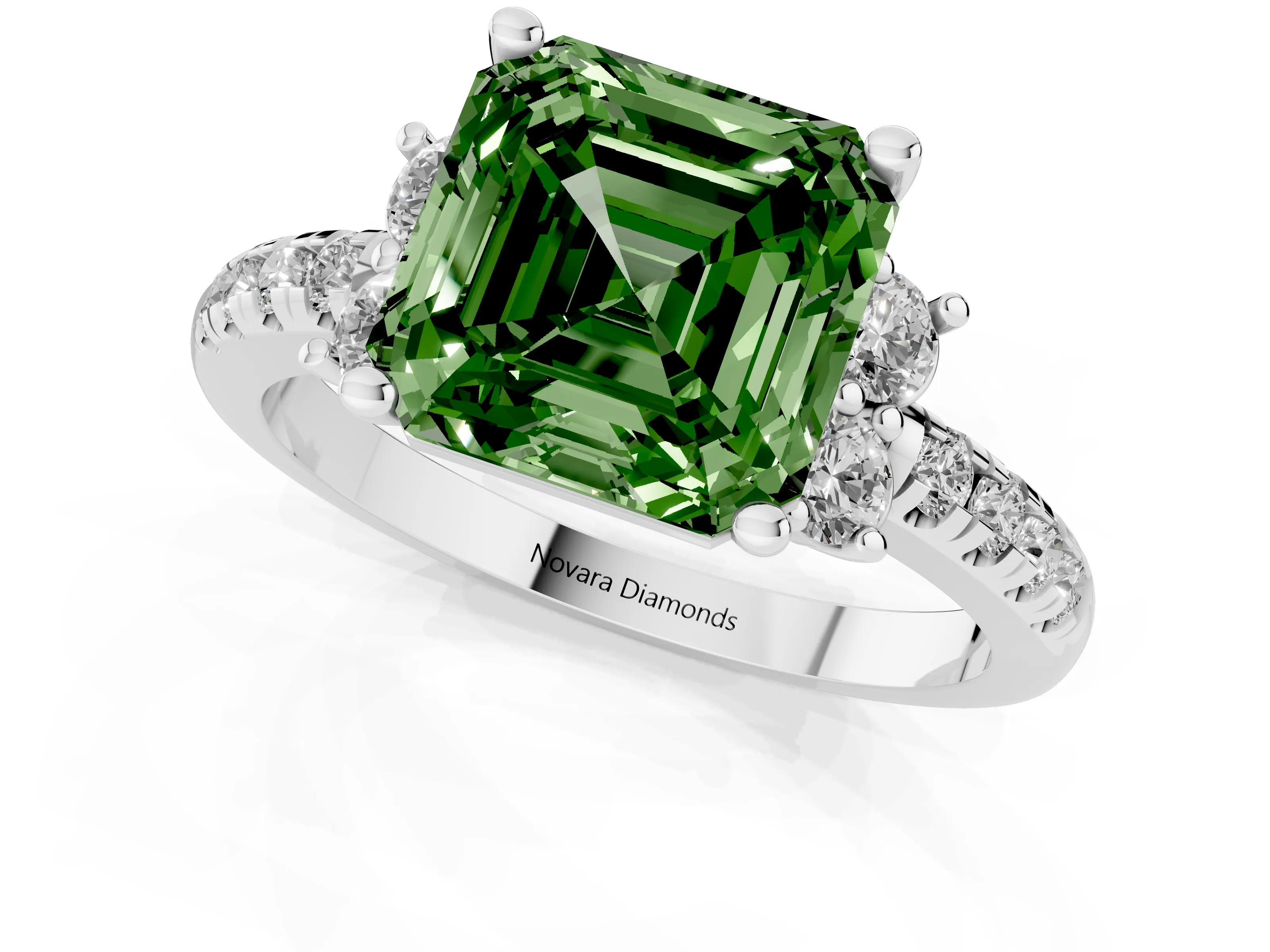 Fancy Green Asscher Cut Diamond Three-Stone Pavé Ring Set in Platinum with Prong Setting