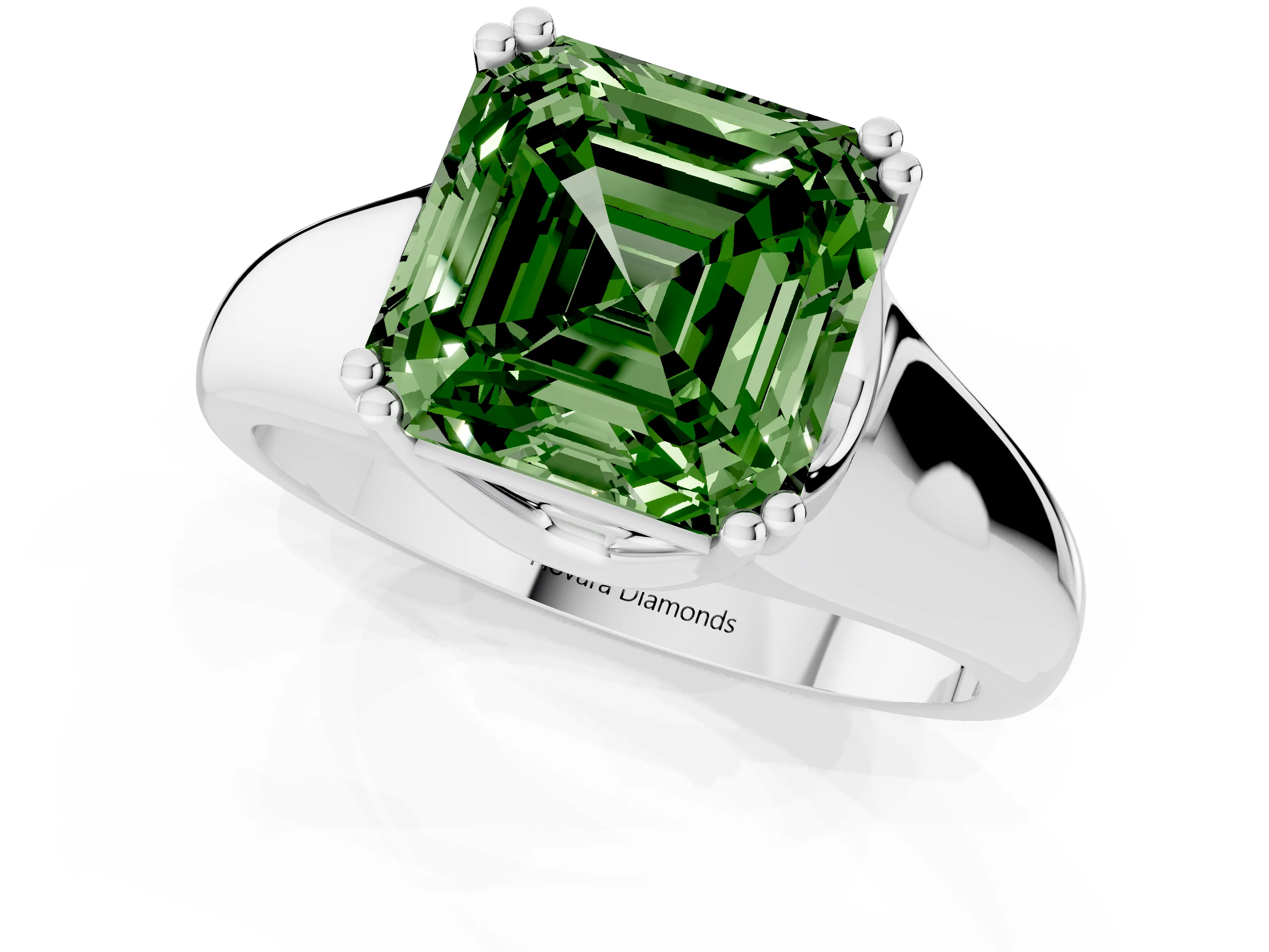 Fancy Green Asscher Cut Diamond Solitaire Ring Set in White gold with Wide Band and Prong Setting