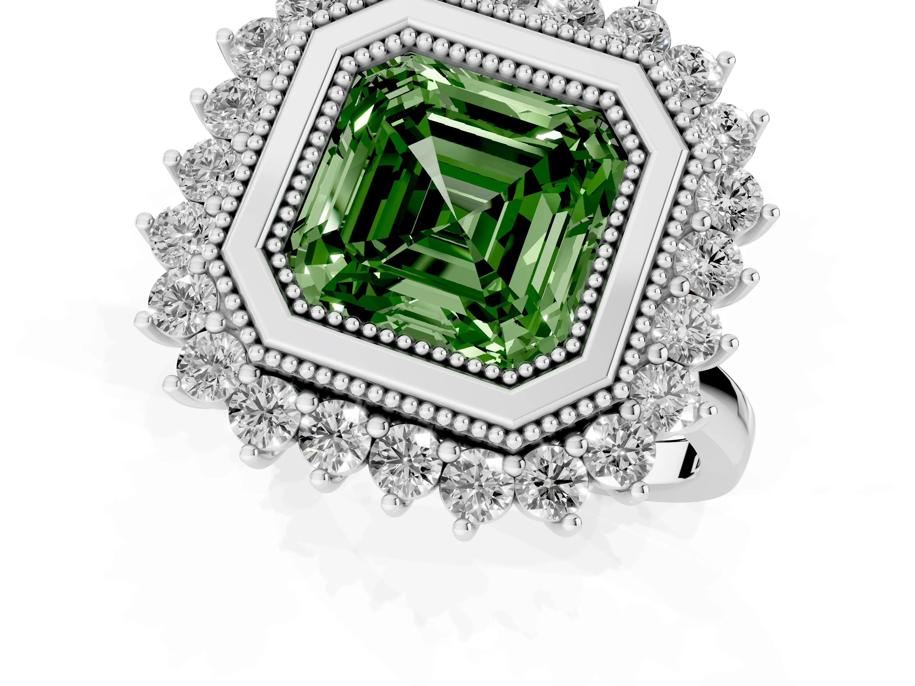 Fancy Green Asscher Cut Diamond Halo Ring Set in Silver with Milgrain Edge and Round Prong Setting