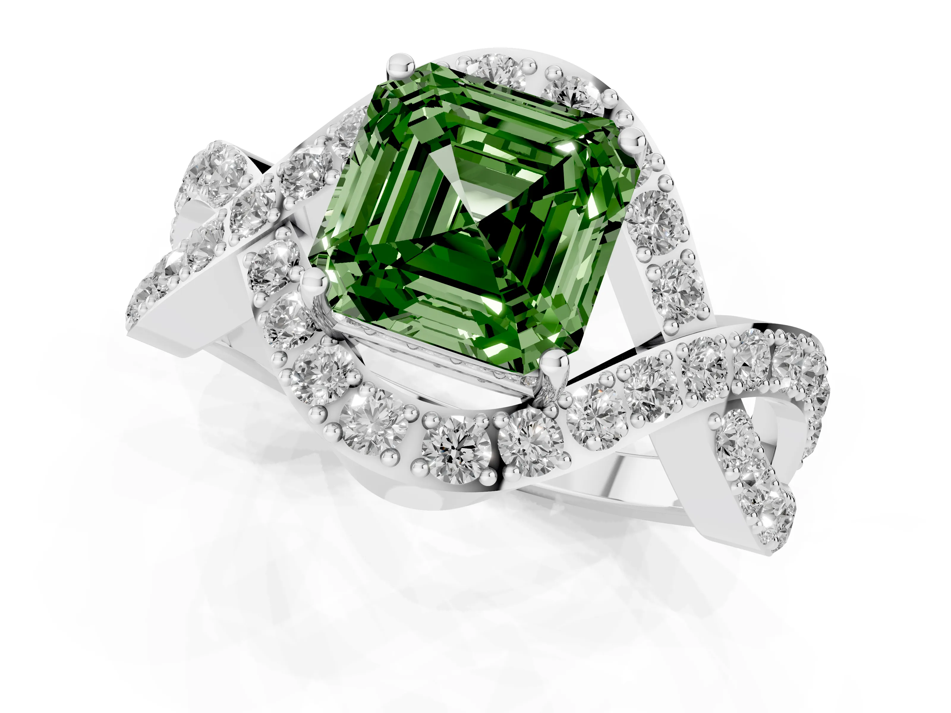 Fancy Green Asscher Cut Diamond Solitaire Twist Band Pavé Engagement Ring Set in Silver