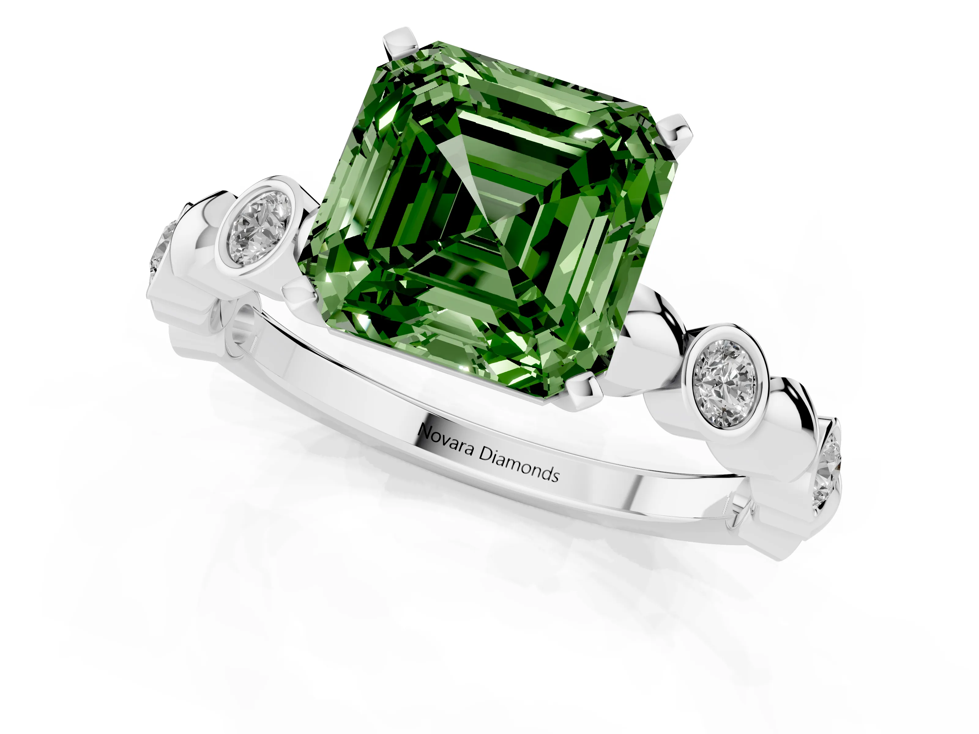 Fancy Green Asscher Cut Diamond Solitaire Ring Set in Platinum with Bezel-Set Accents on Beaded Band and Prong Setting