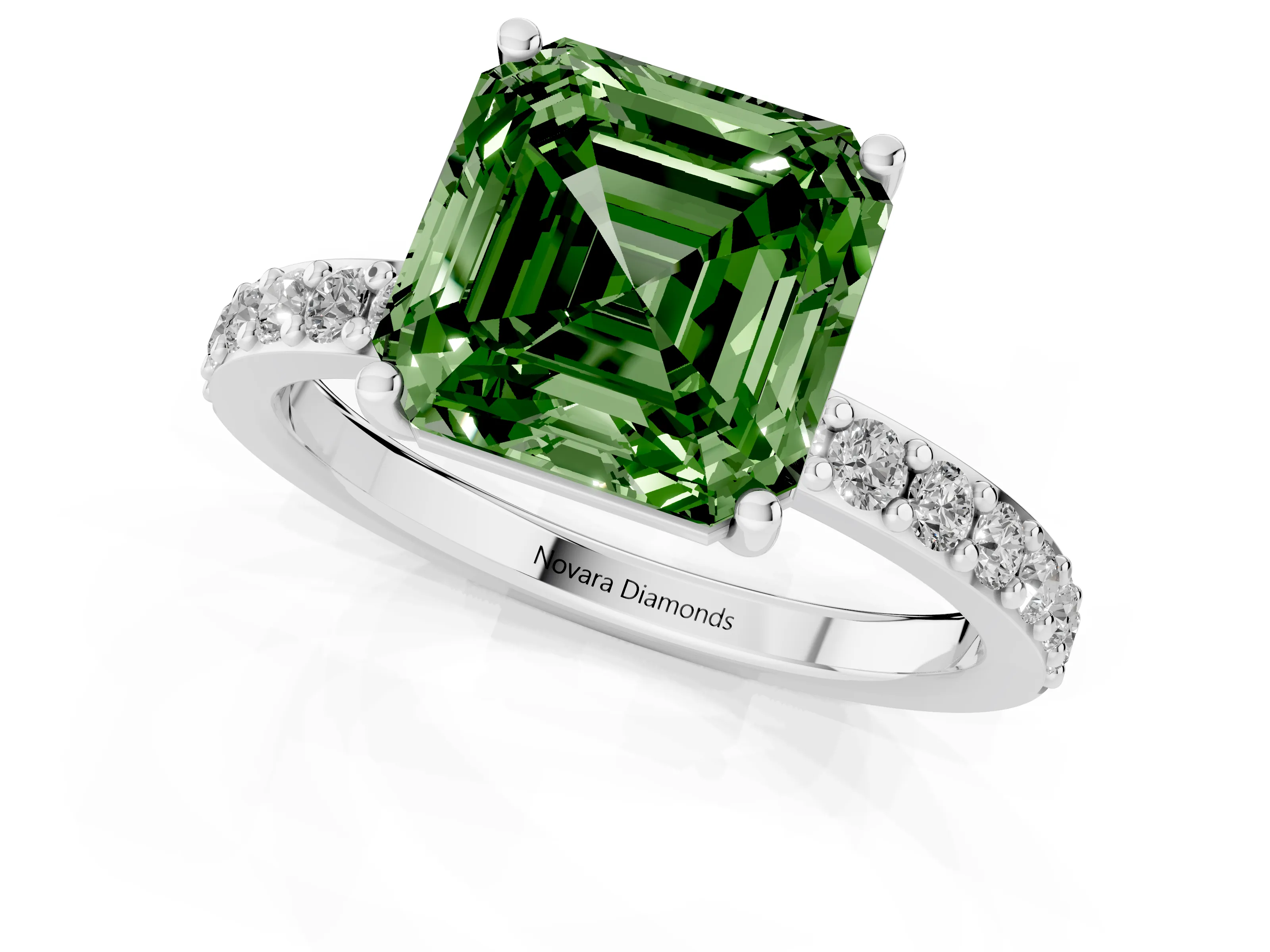Fancy Green Asscher Cut Diamond Solitaire Set in Silver with Round Pavé Band and Prong Setting