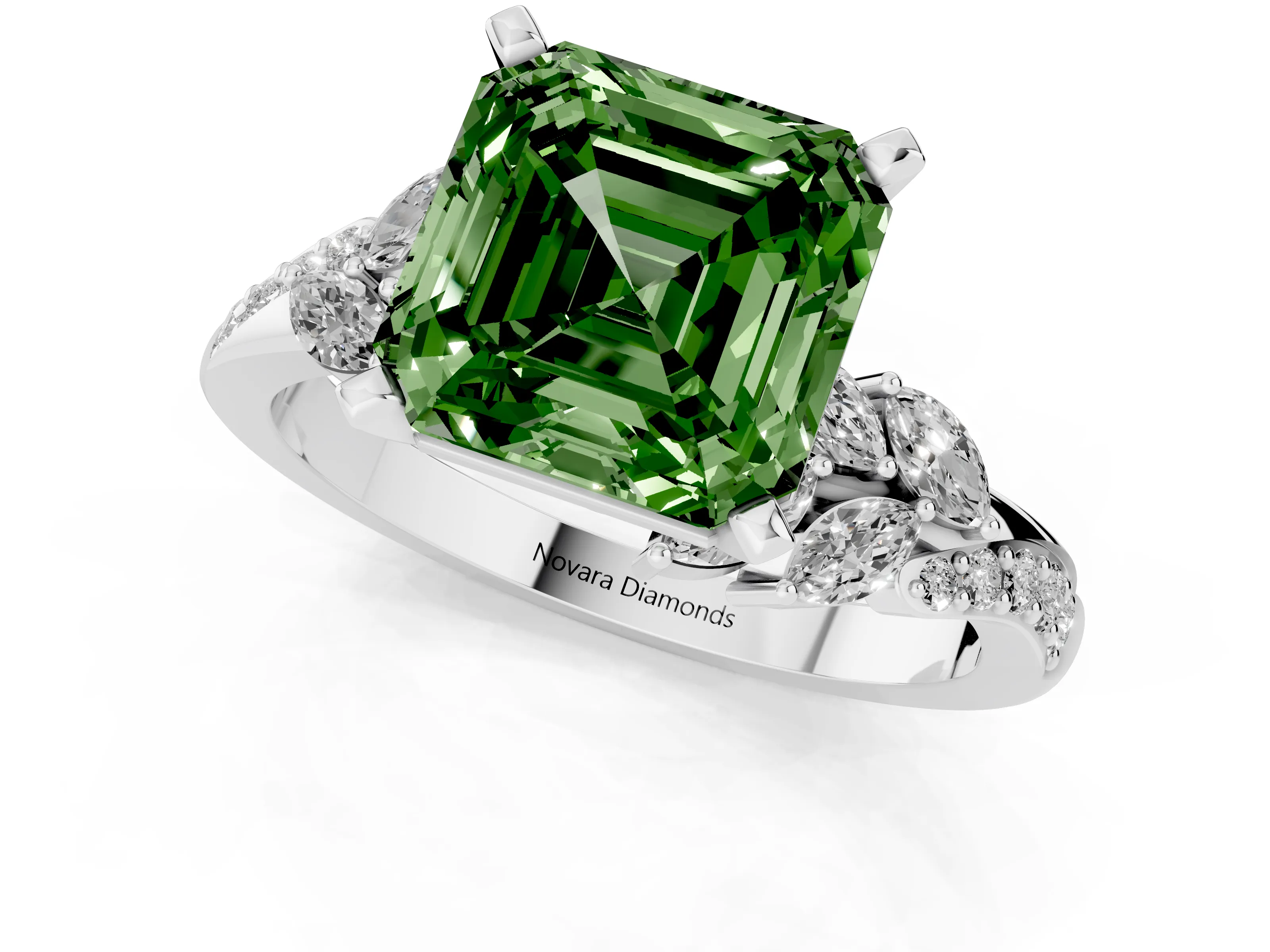 Fancy Green Asscher Cut Diamond Solitaire Ring Set in White gold with Marquise Twist Band and Prong Setting
