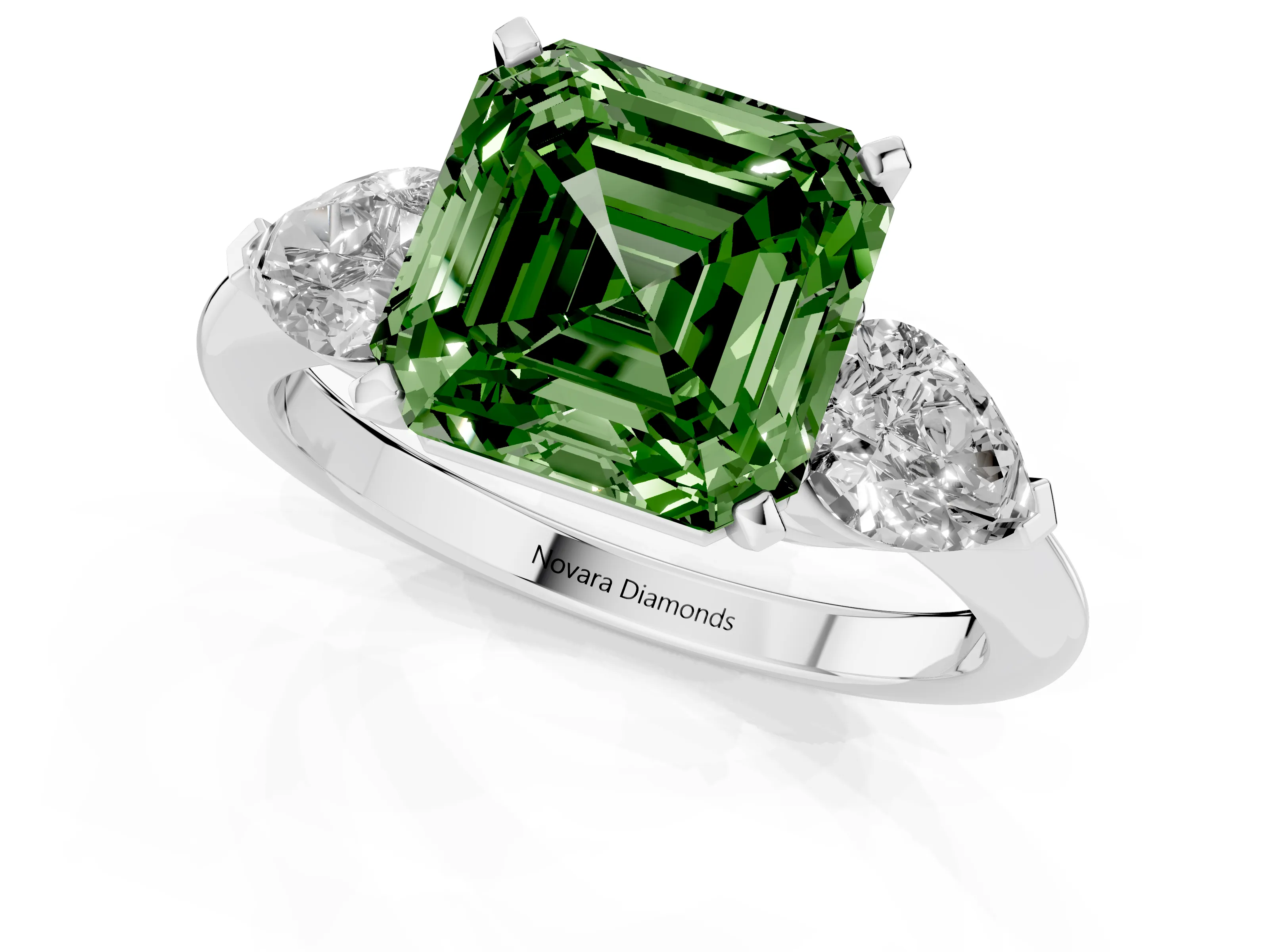 Fancy Green Three-Stone Asscher Cut Diamond Ring Set in Silver with Pear Side Stones and Prong Setting