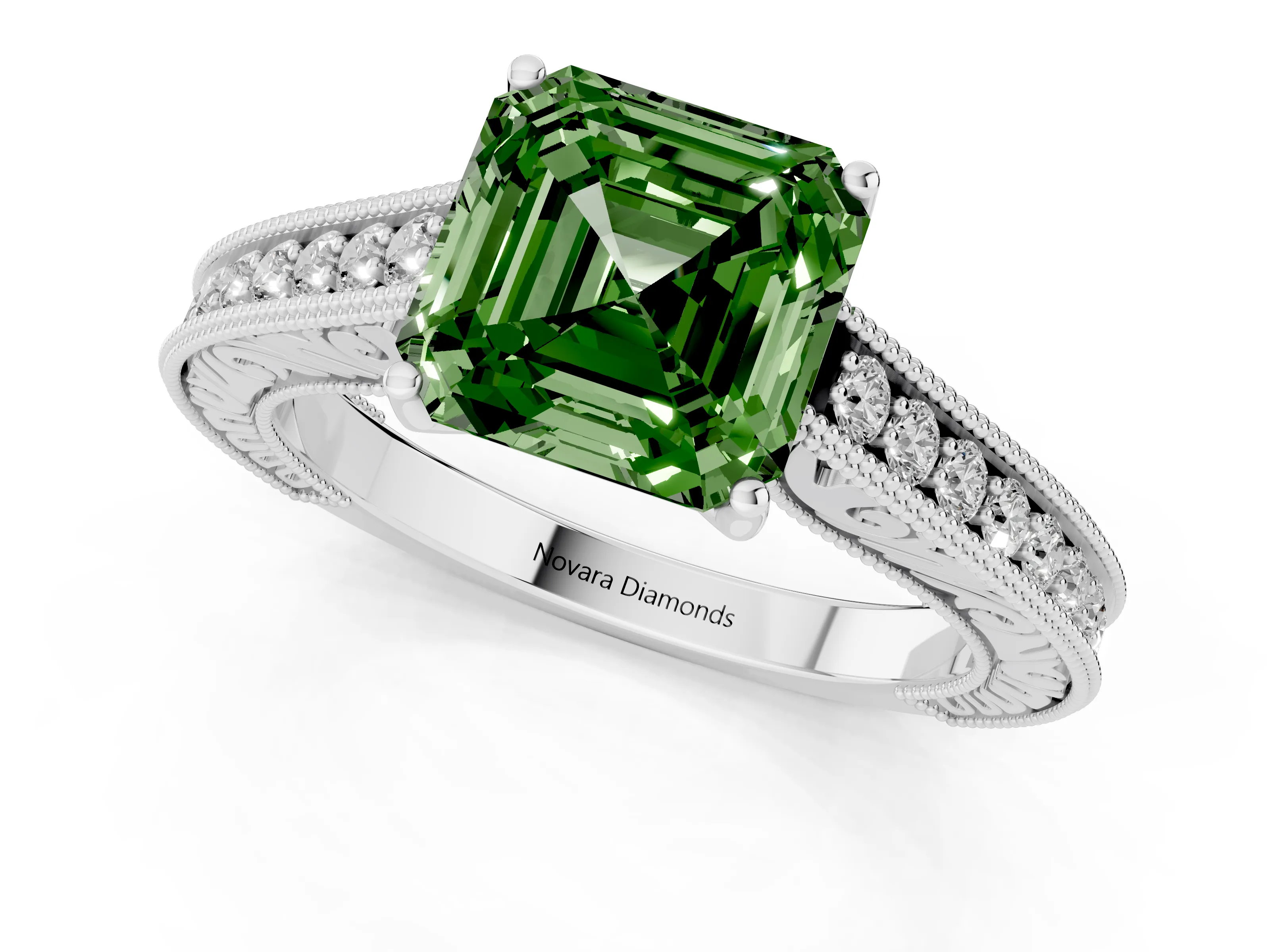 Fancy Green Asscher Cut Diamond Milgrain Pavé Band Solitaire Ring Set in Platinum with Prong Setting