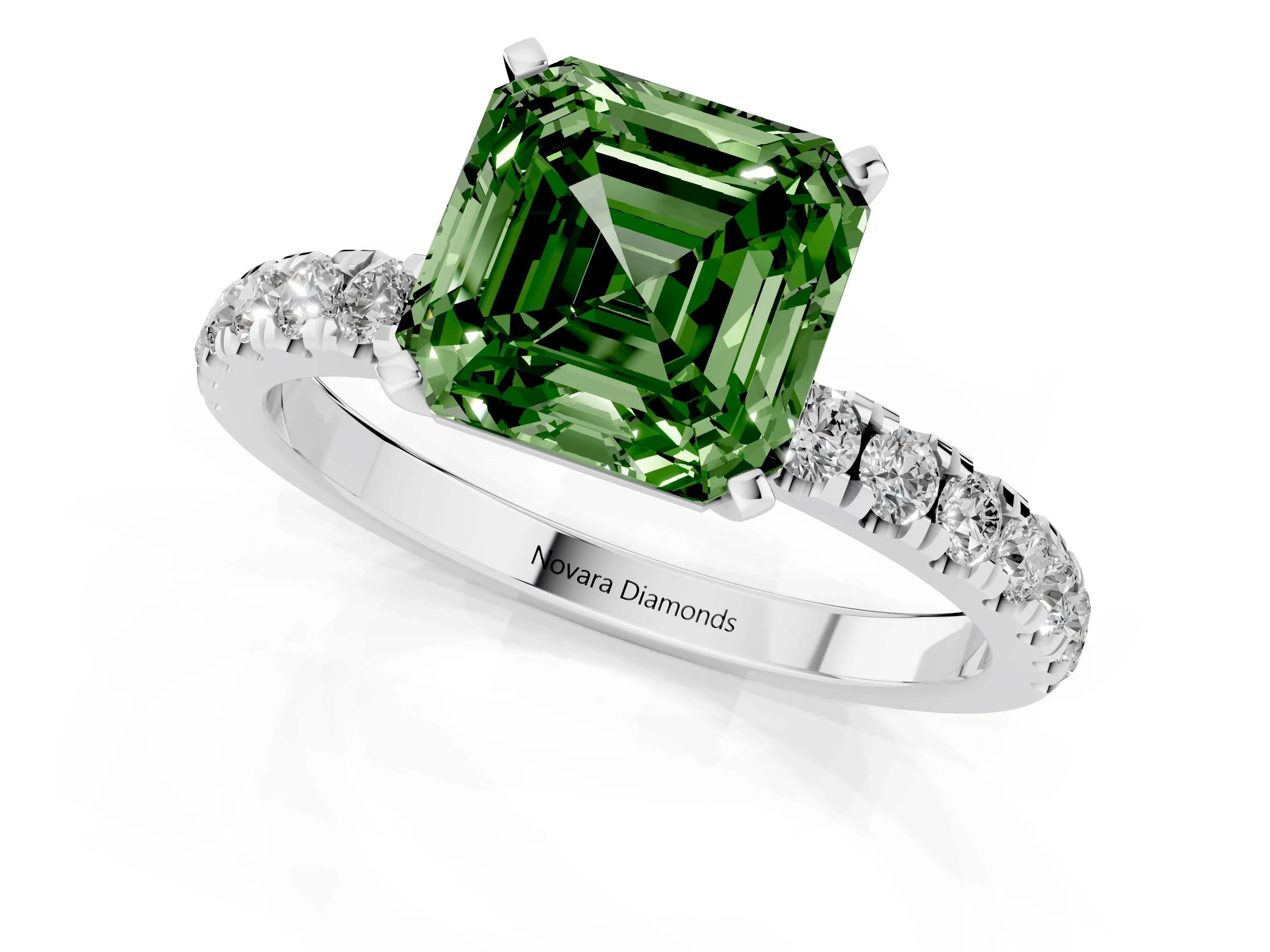 Fancy Green Asscher Cut Diamond Solitaire Ring Set in Platinum with Pavé Accents and Prong Setting