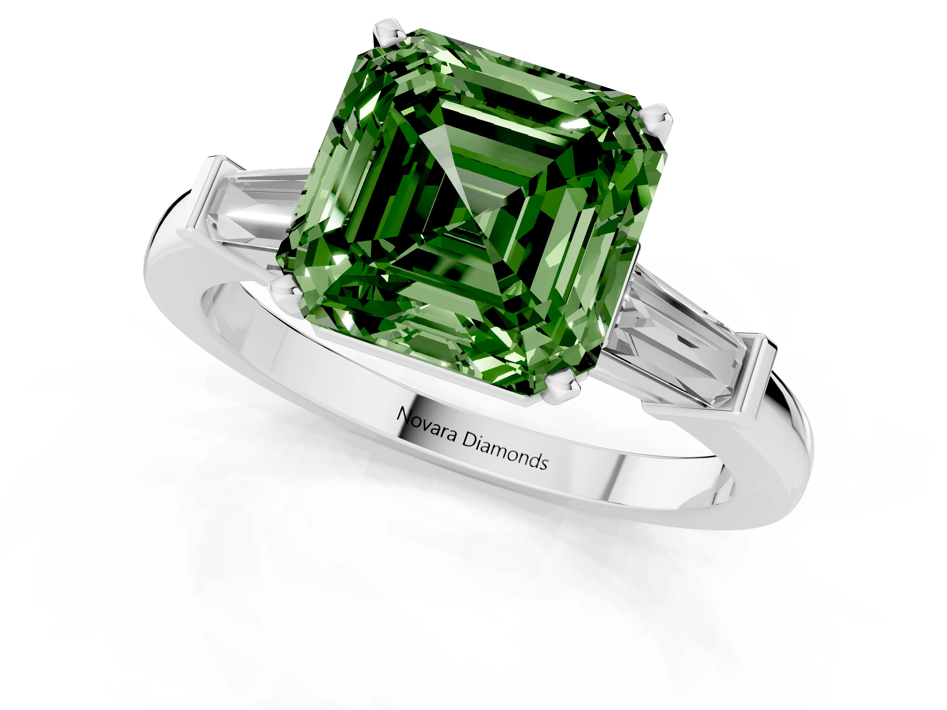 Fancy Green Asscher Cut Diamond Solitaire Ring Set in White gold with Tapered Baguette Accents and Prong Setting