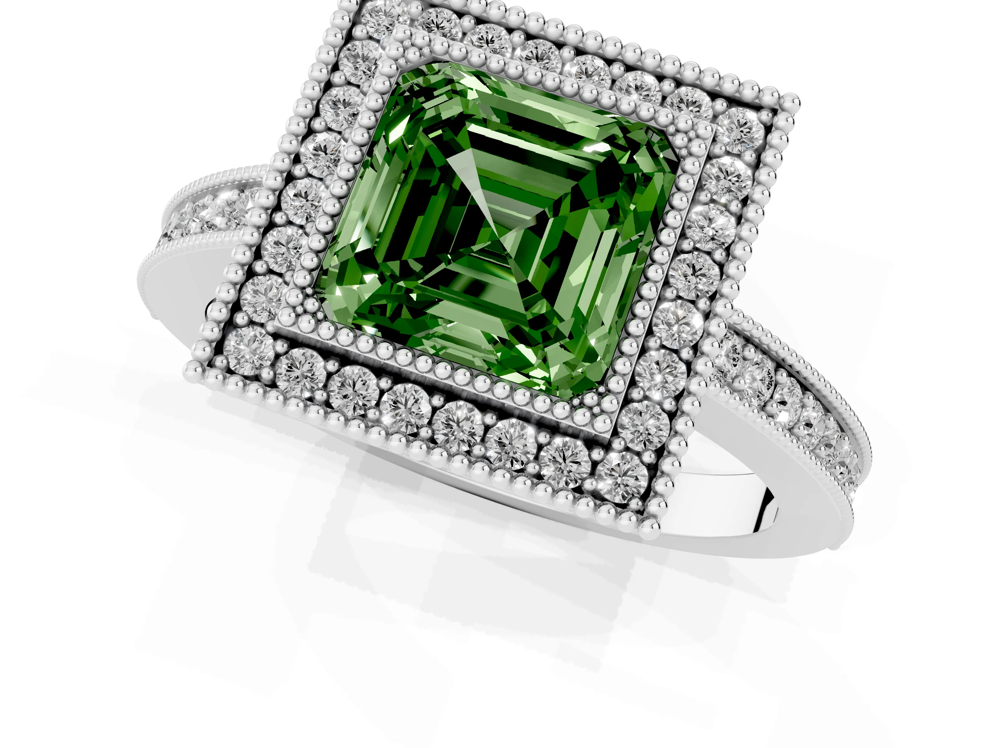 Fancy Green Asscher Cut Diamond Round Halo Ring Set in White gold with Pavé Band
