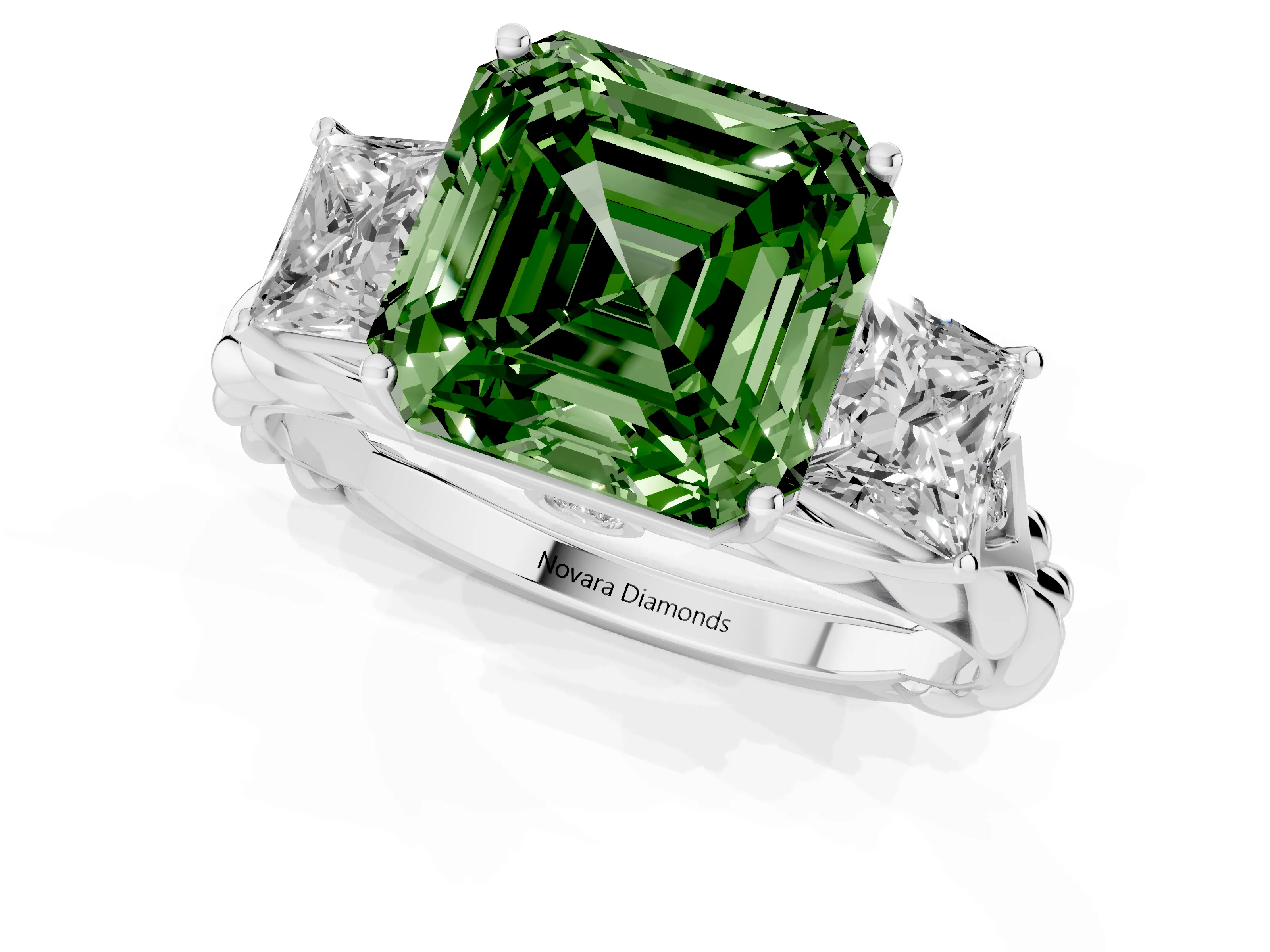 Fancy Green Asscher Cut Diamond Three-Stone Ring Set in White gold with Braided Band