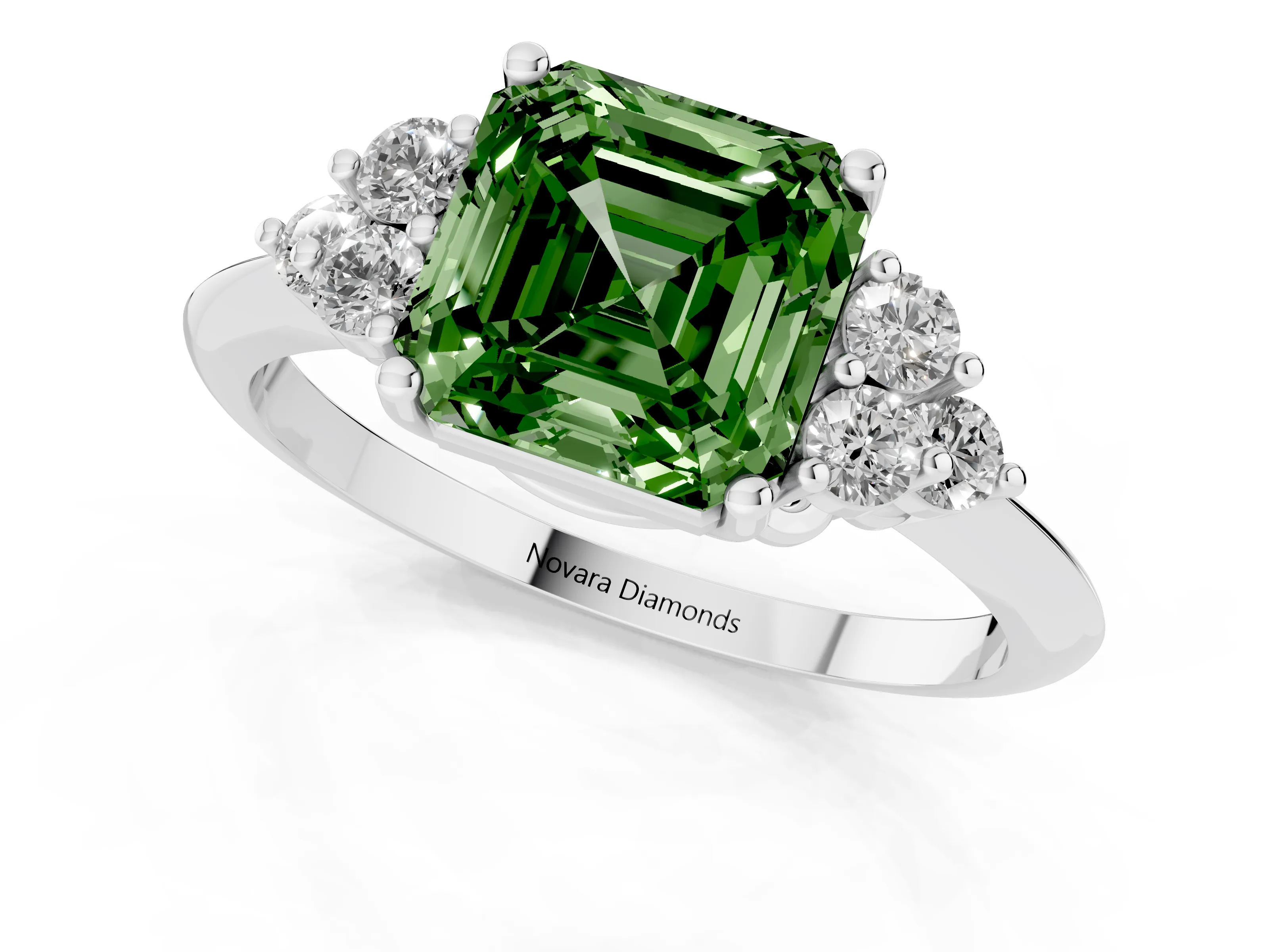 Fancy Green Asscher Cut Diamond Cluster Ring Set in White gold with Plain Band and Prong Setting