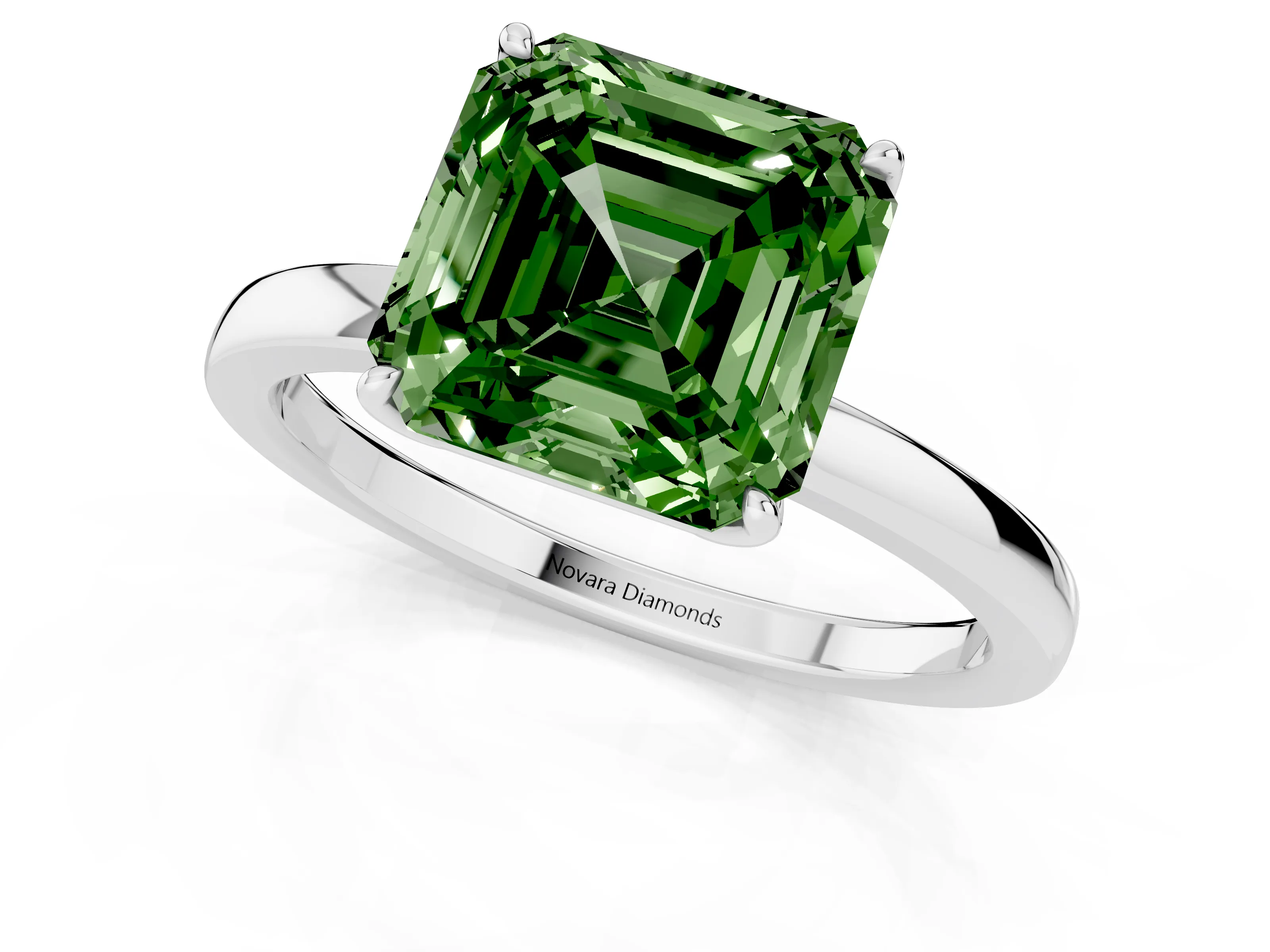Fancy Green Asscher Cut Diamond Solitaire Ring Set in Platinum with Prong Setting and Thin Polished Band