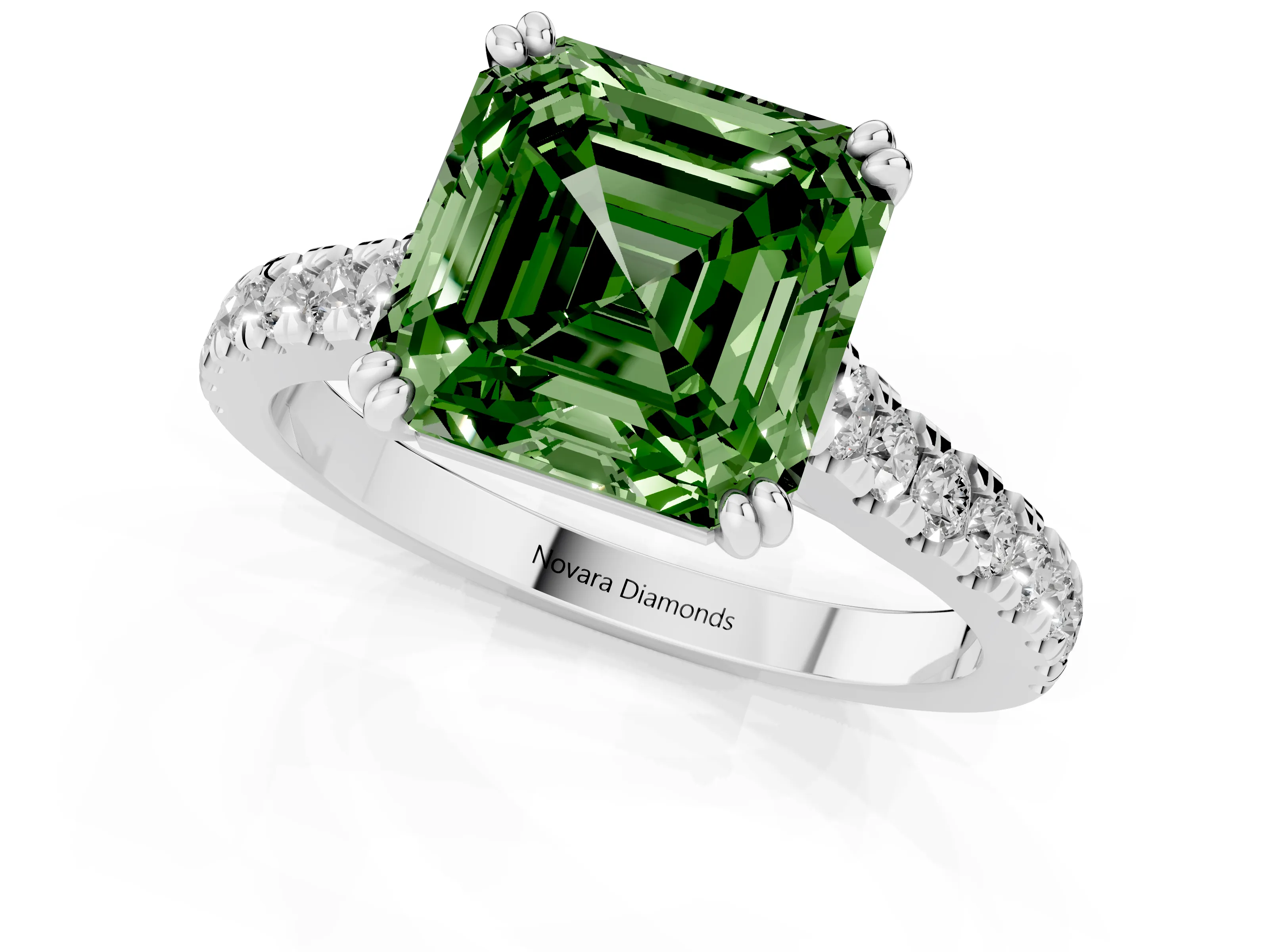 Fancy Green Asscher Cut Diamond Solitaire Engagement Ring Set in Platinum with Pavé Accents and Prong Setting