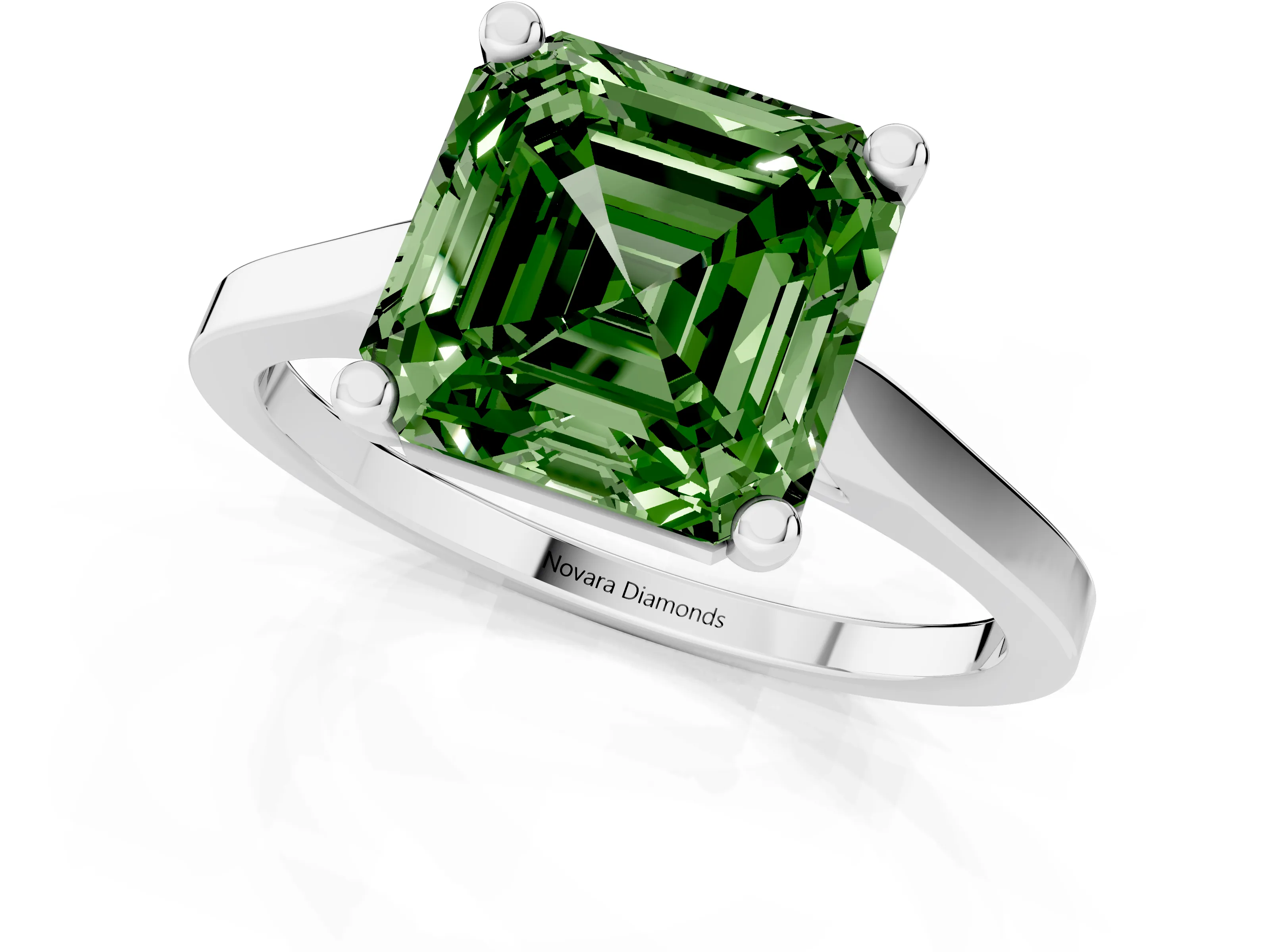 Fancy Green Asscher Cut Diamond Solitaire Ring Set in White gold with Prong Setting and Tapered Band