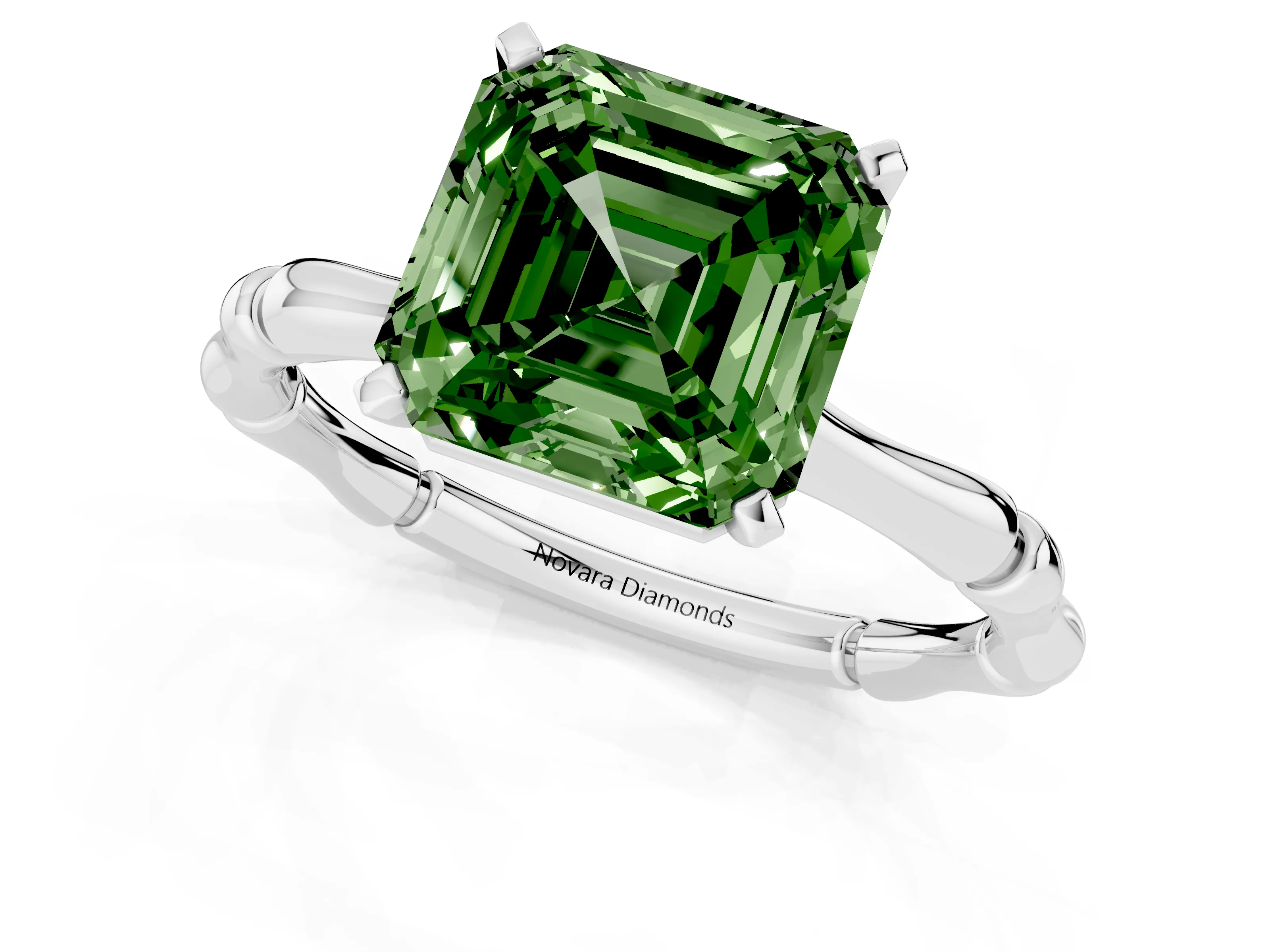 Fancy Green Asscher Cut Diamond Solitaire Ring Set in Platinum with Bamboo Band and Prong Setting