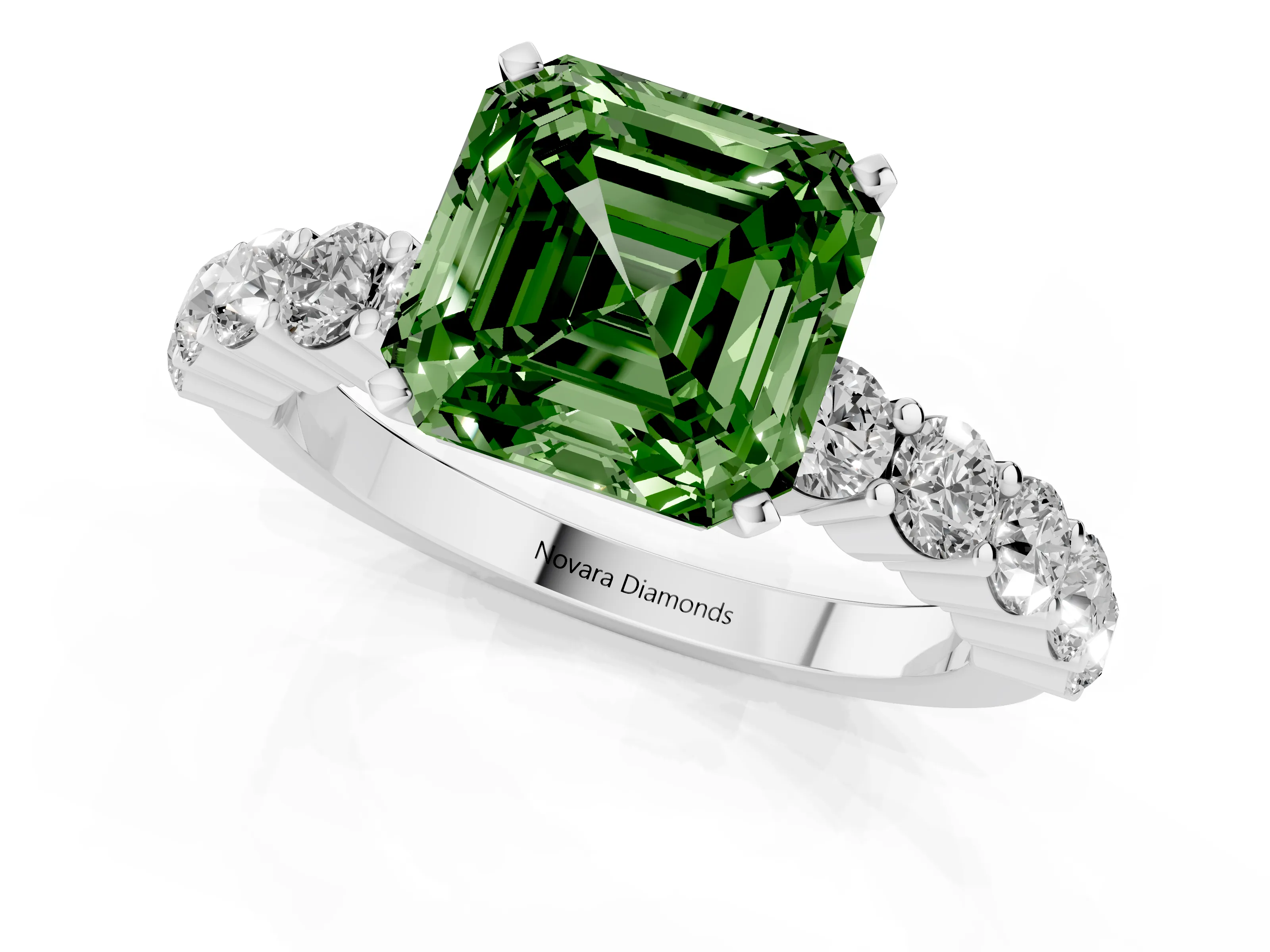 Fancy Green Asscher Cut Diamond Solitaire Ring Set in White gold with Shared Prong Round Side Stones