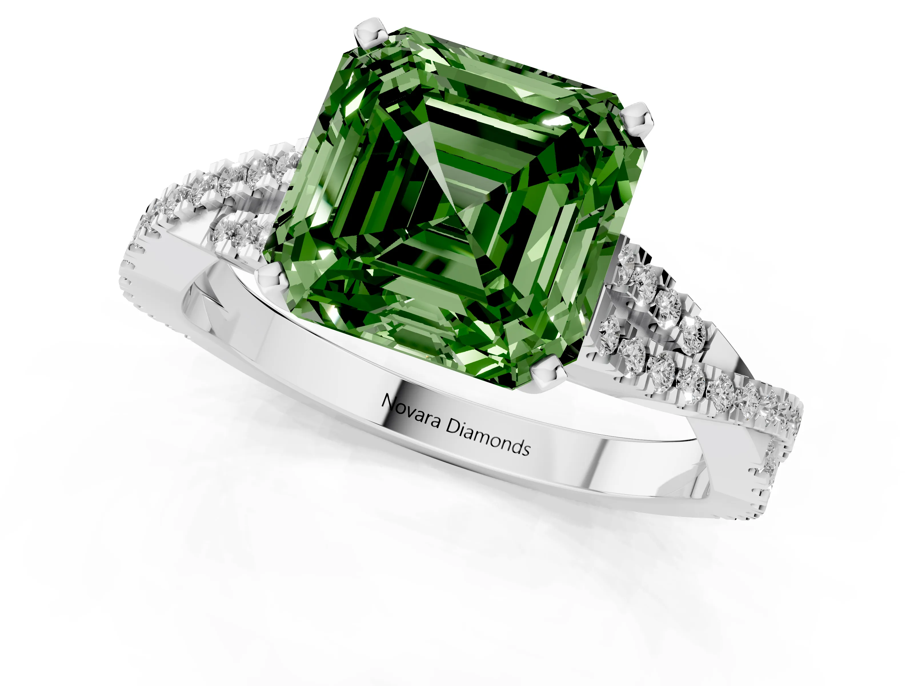 Fancy Green Asscher Cut Diamond Solitaire Engagement Ring Set in White gold with Twisted Pavé Band and Prong Setting