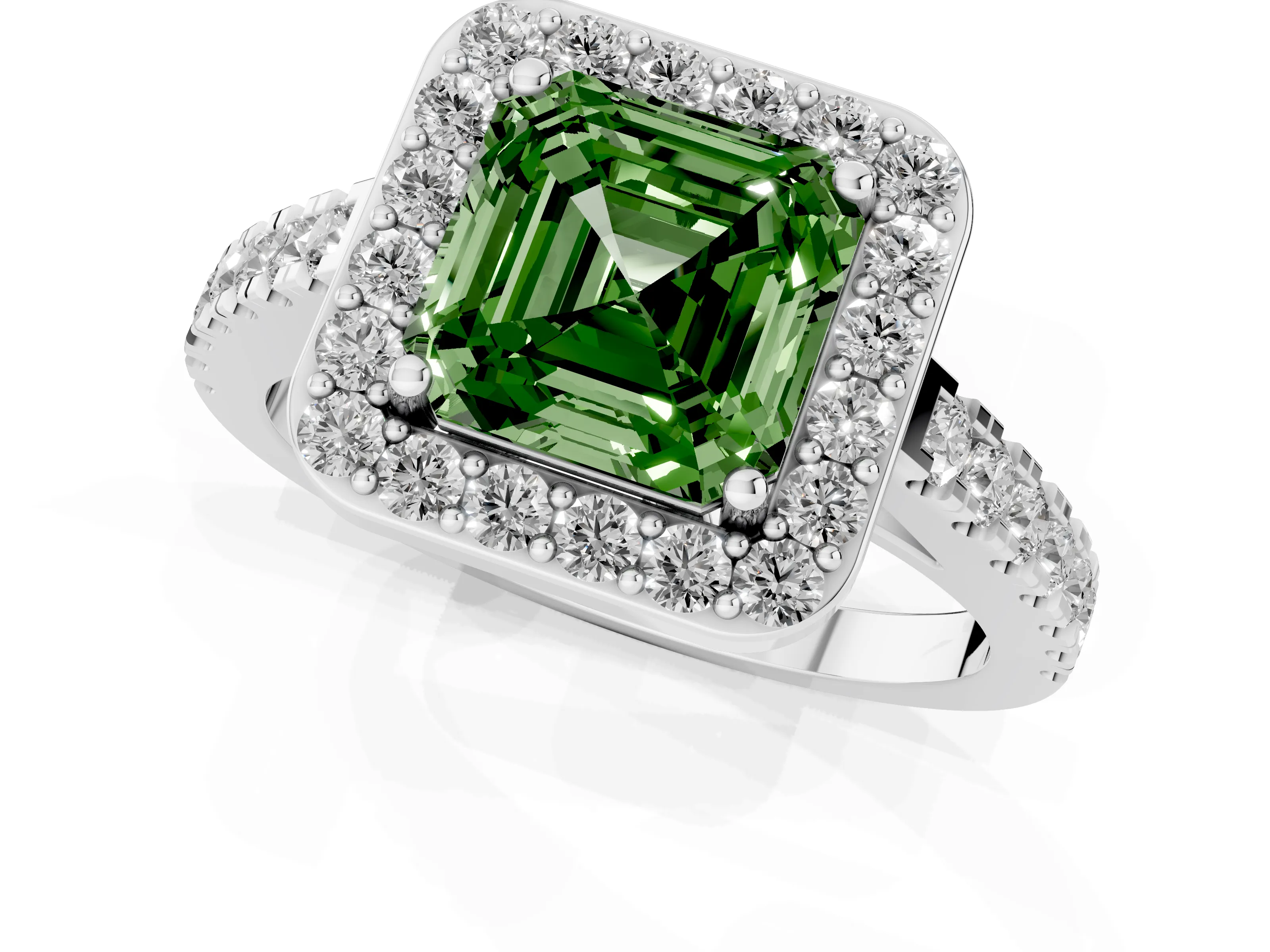 Fancy Green Asscher Cut Diamond Halo Ring Set in Platinum with Round Pavé Split Shank and Prong Setting