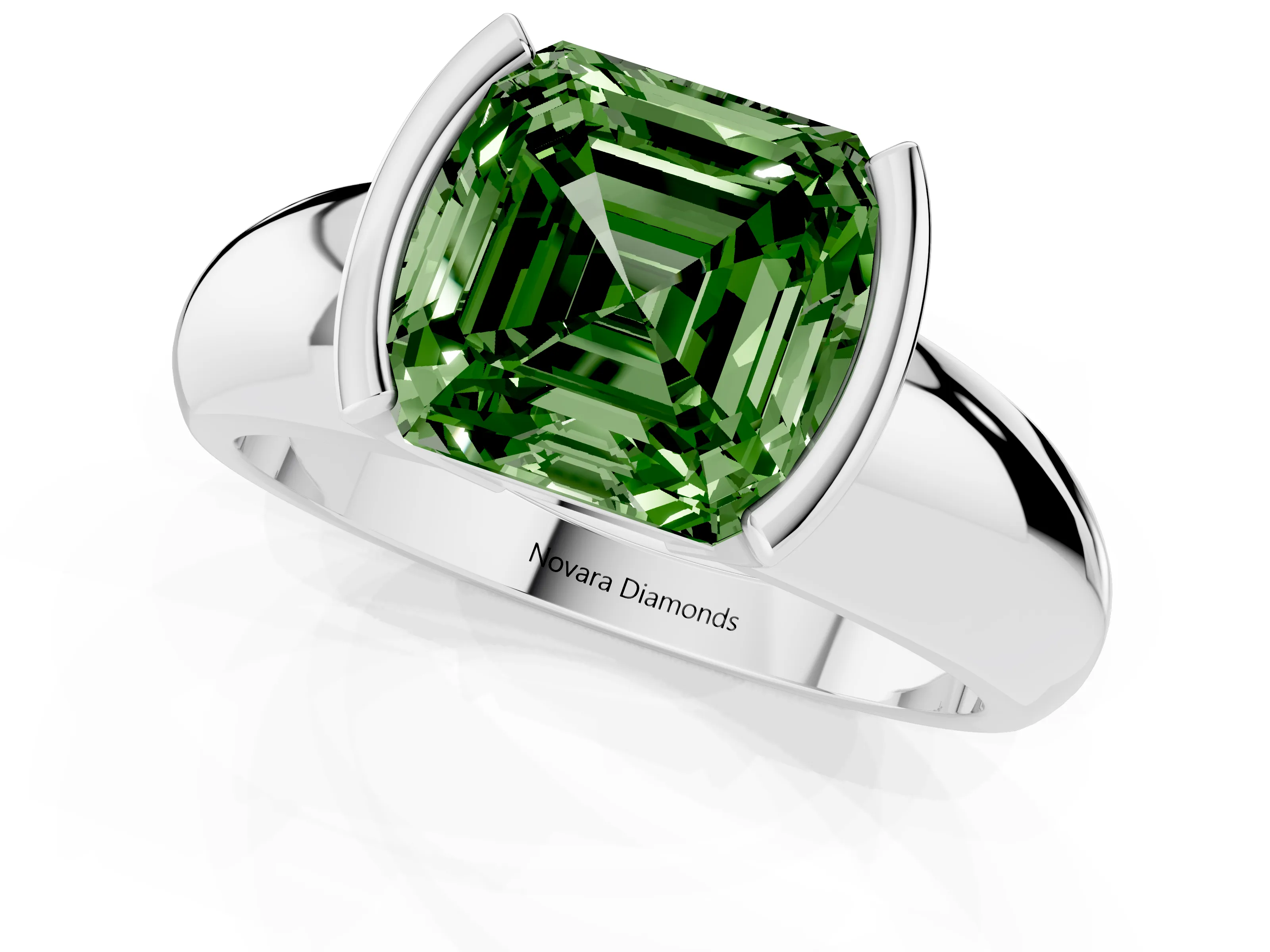 Fancy Green Asscher Cut Diamond Solitaire Tension Set Ring Set in Silver with Wide Band