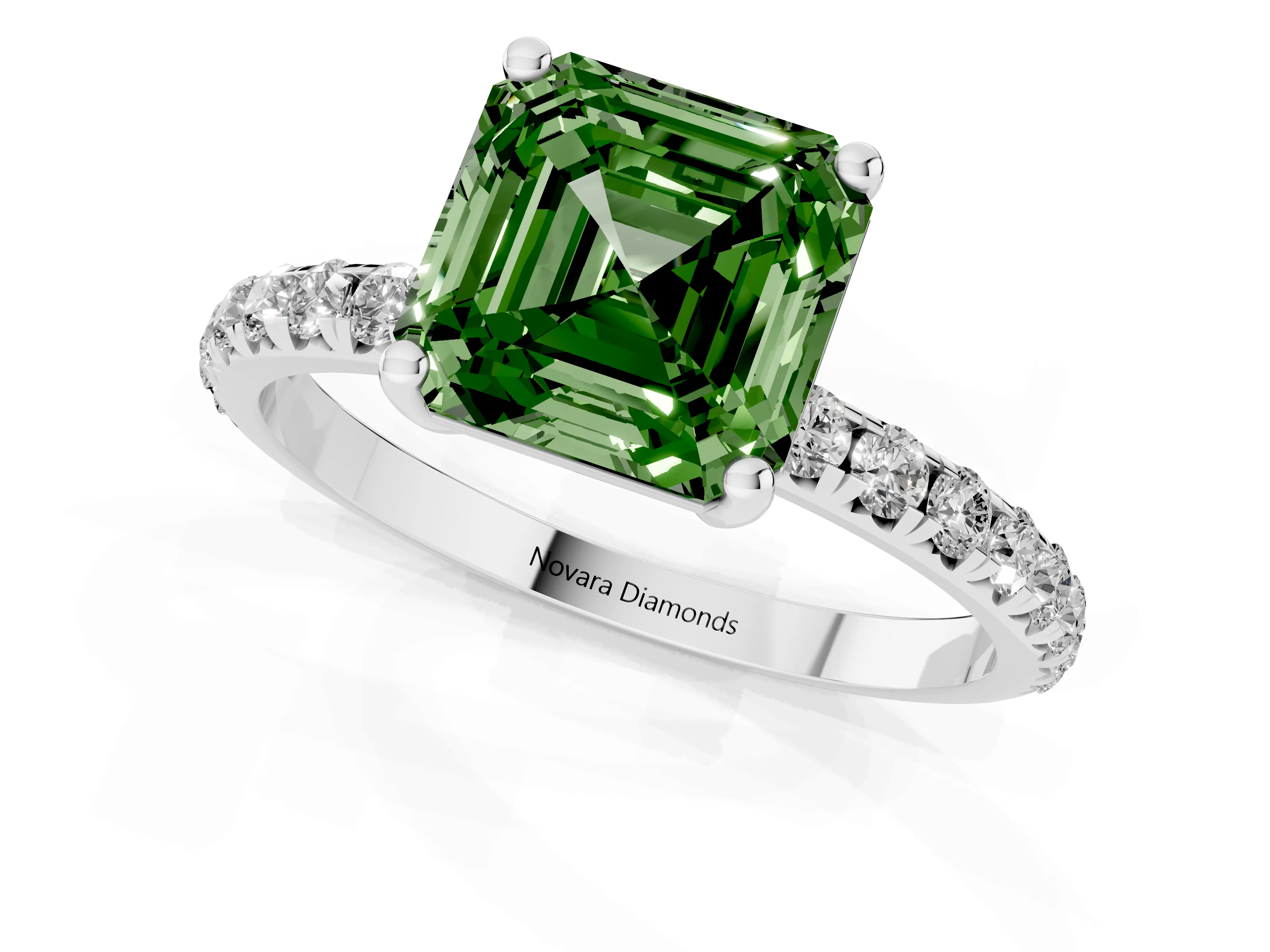 Fancy Green Asscher Cut Diamond Solitaire Ring Set in Platinum with Micro Pavé Band and Prong Setting