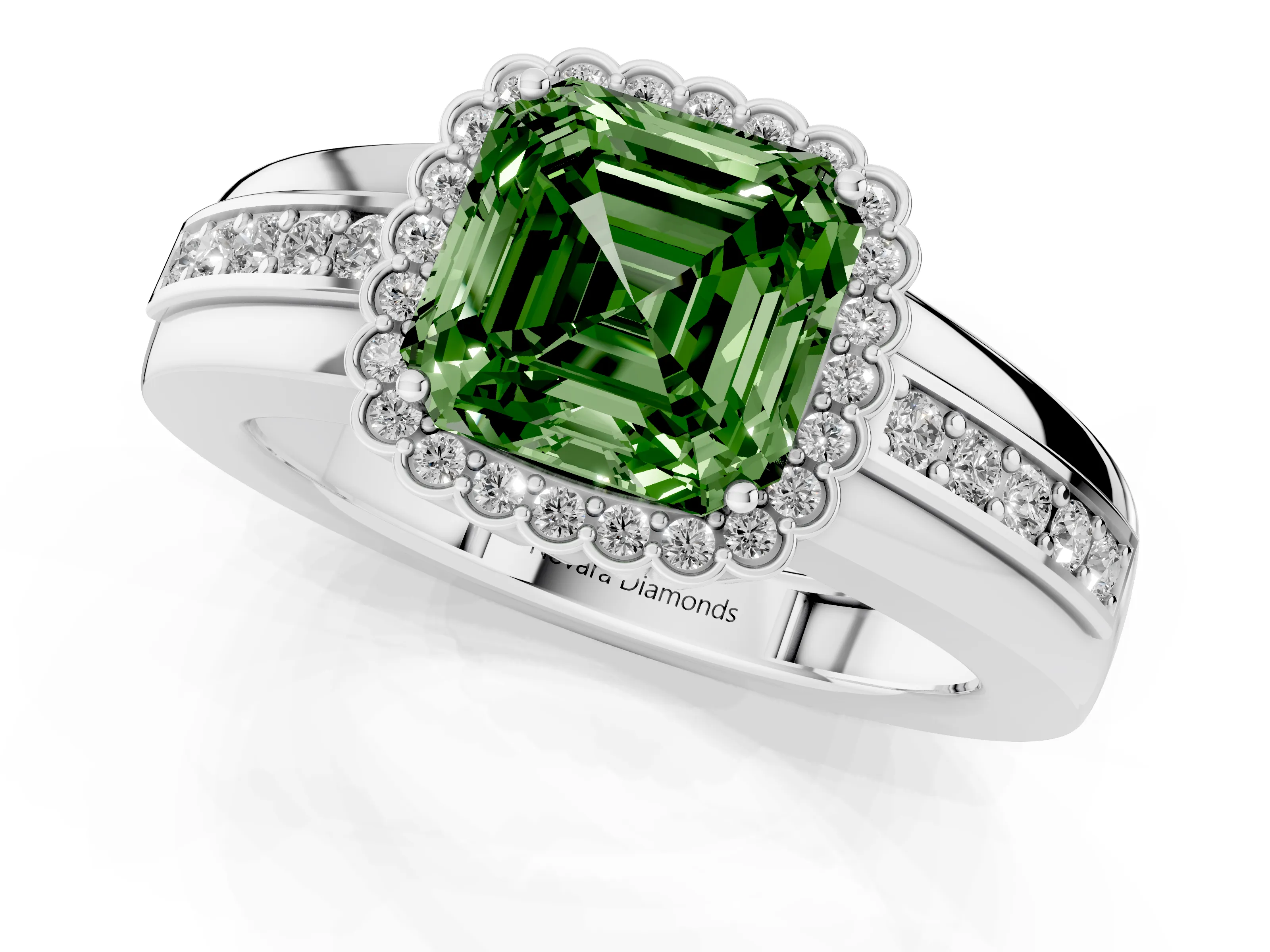 Fancy Green Asscher Cut Diamond Halo Prong Ring Set in Platinum with Pavé Band
