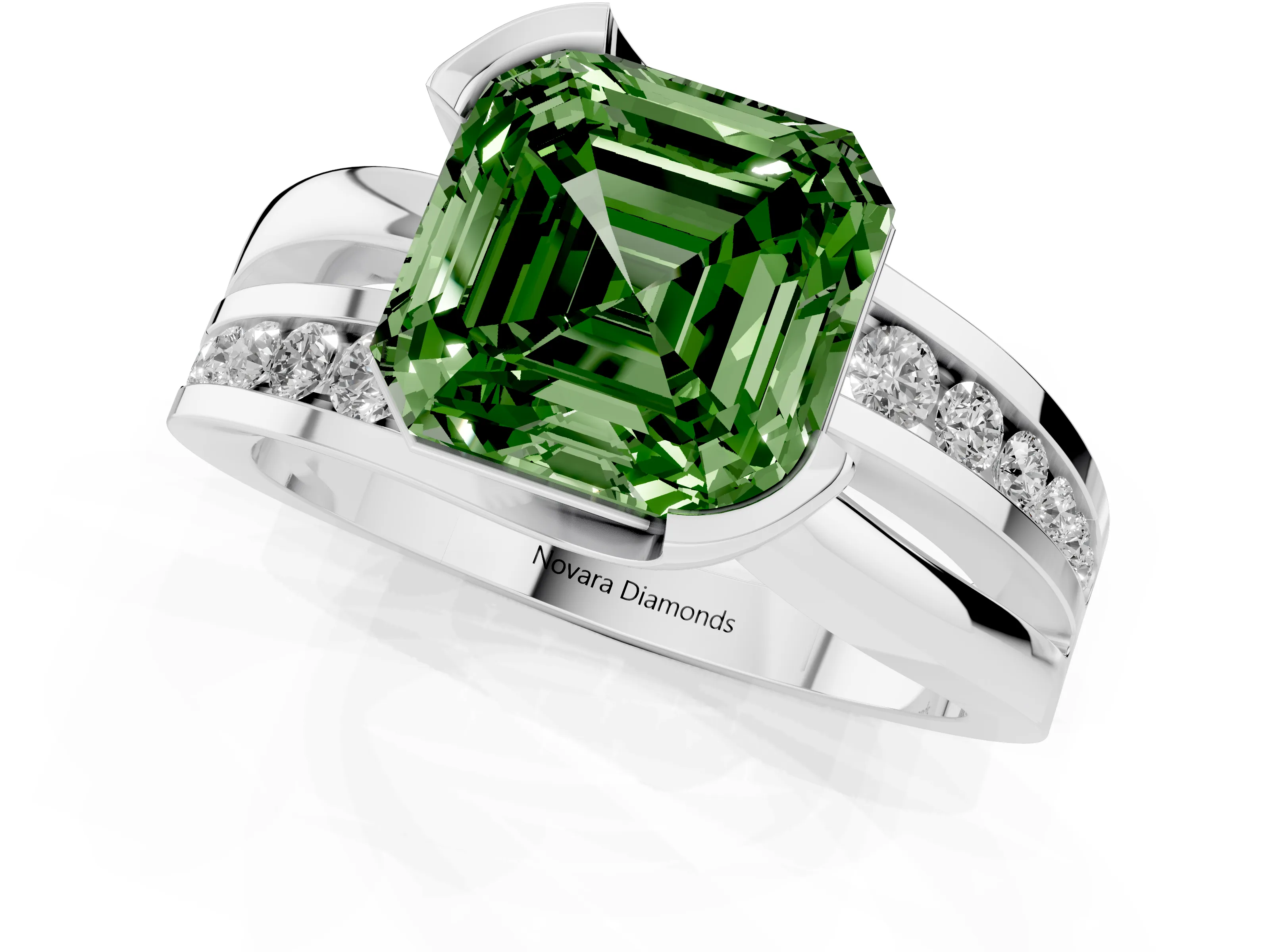 Fancy Green Asscher Cut Diamond Solitaire Ring Set in Platinum with Channel Set Split Shank and Tension Prongs