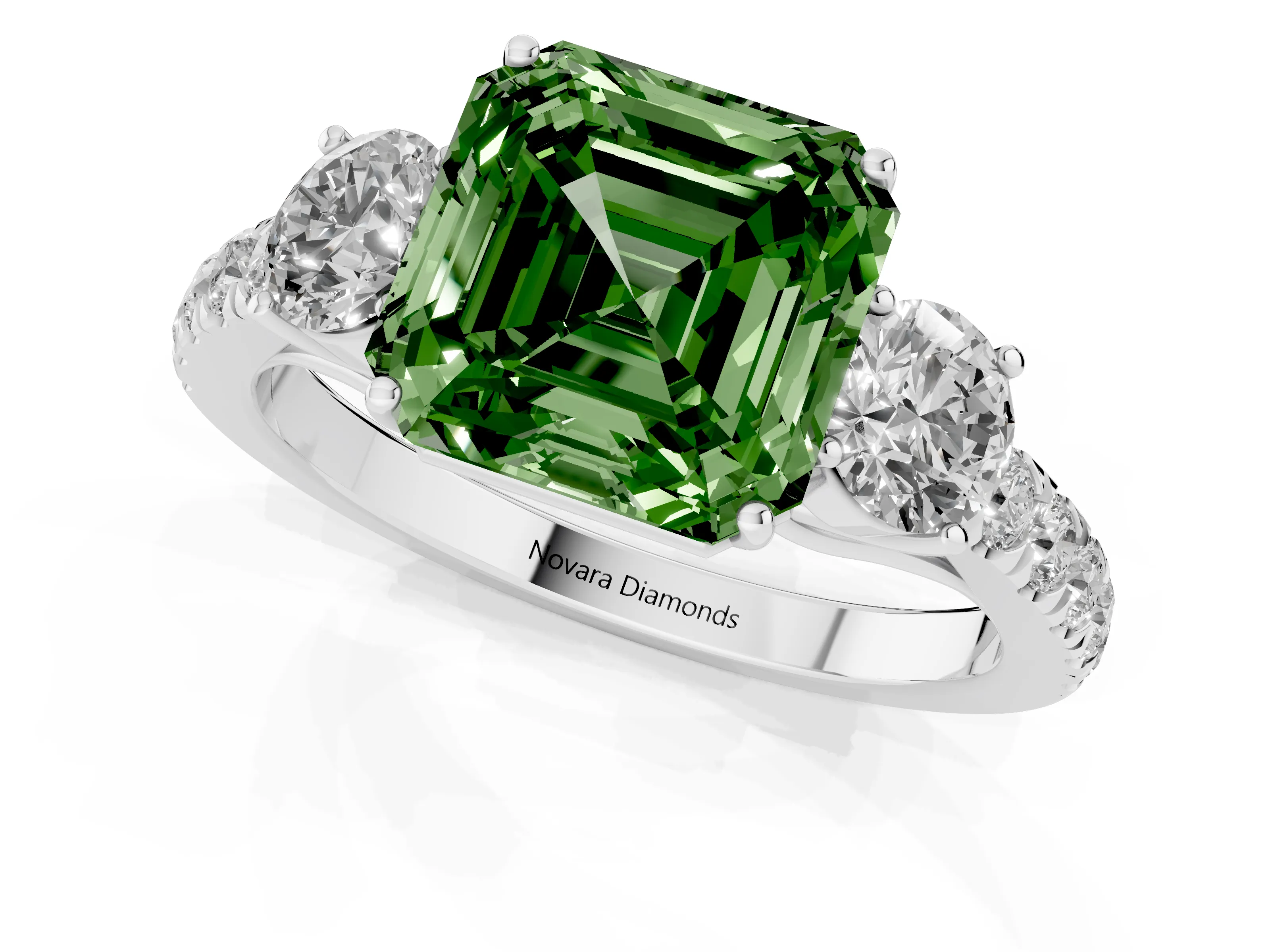 Fancy Green Asscher Cut Diamond Three-Stone Ring Set in Silver with Round Side Stones and Delicate Pavé Band