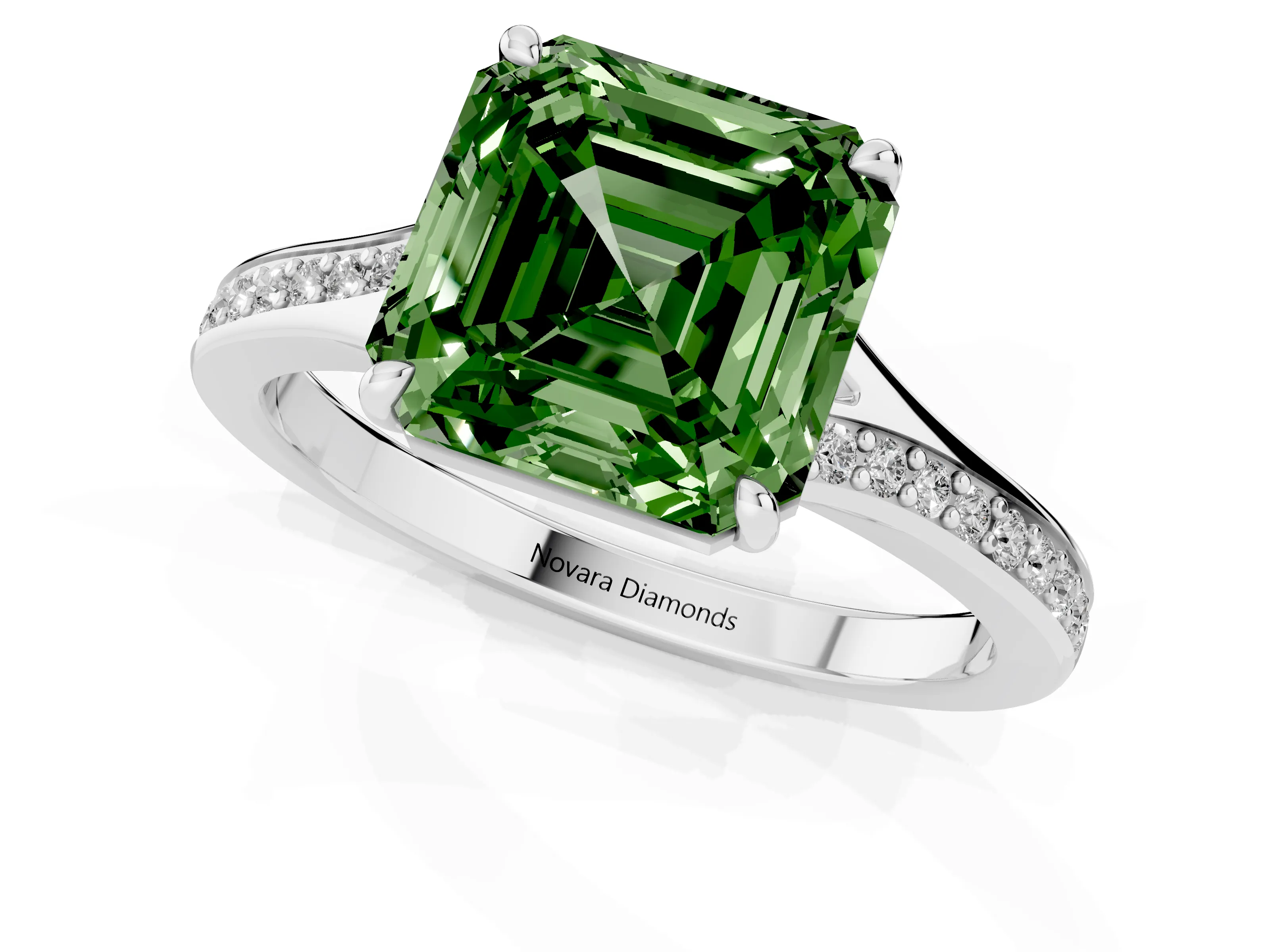 Fancy Green Asscher Cut Diamond Solitaire Ring Set in Silver with Pavé Accent Band and Classic Prong Setting – second view