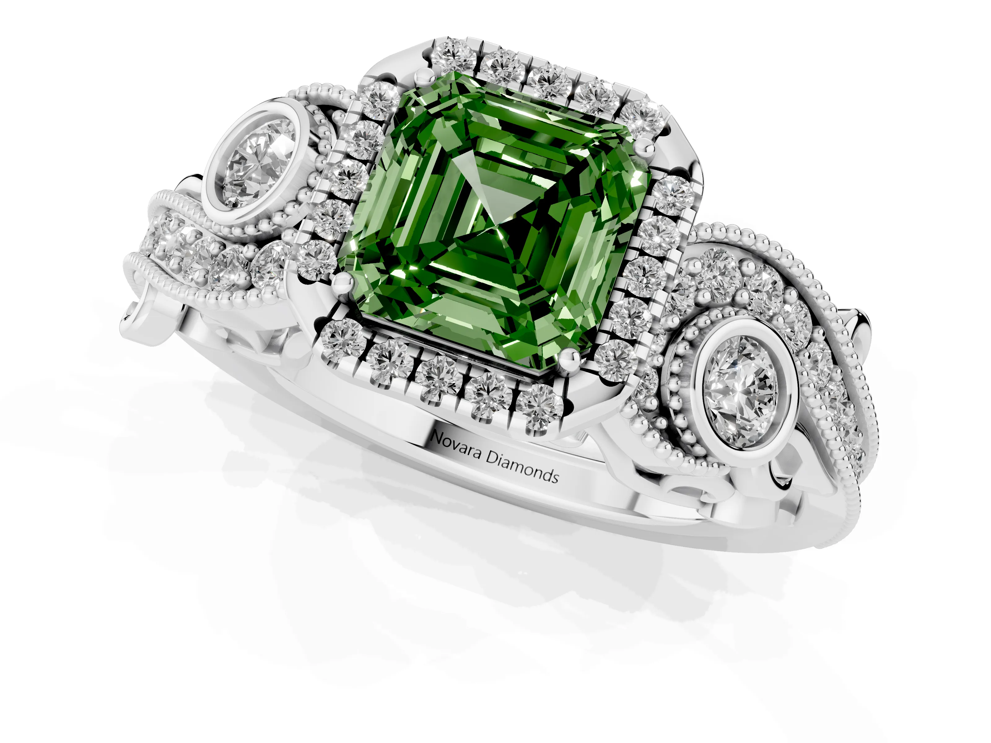 Fancy Green Asscher Cut Diamond Halo Ring Set in Platinum with Milgrain Pavé Band and Prong Setting