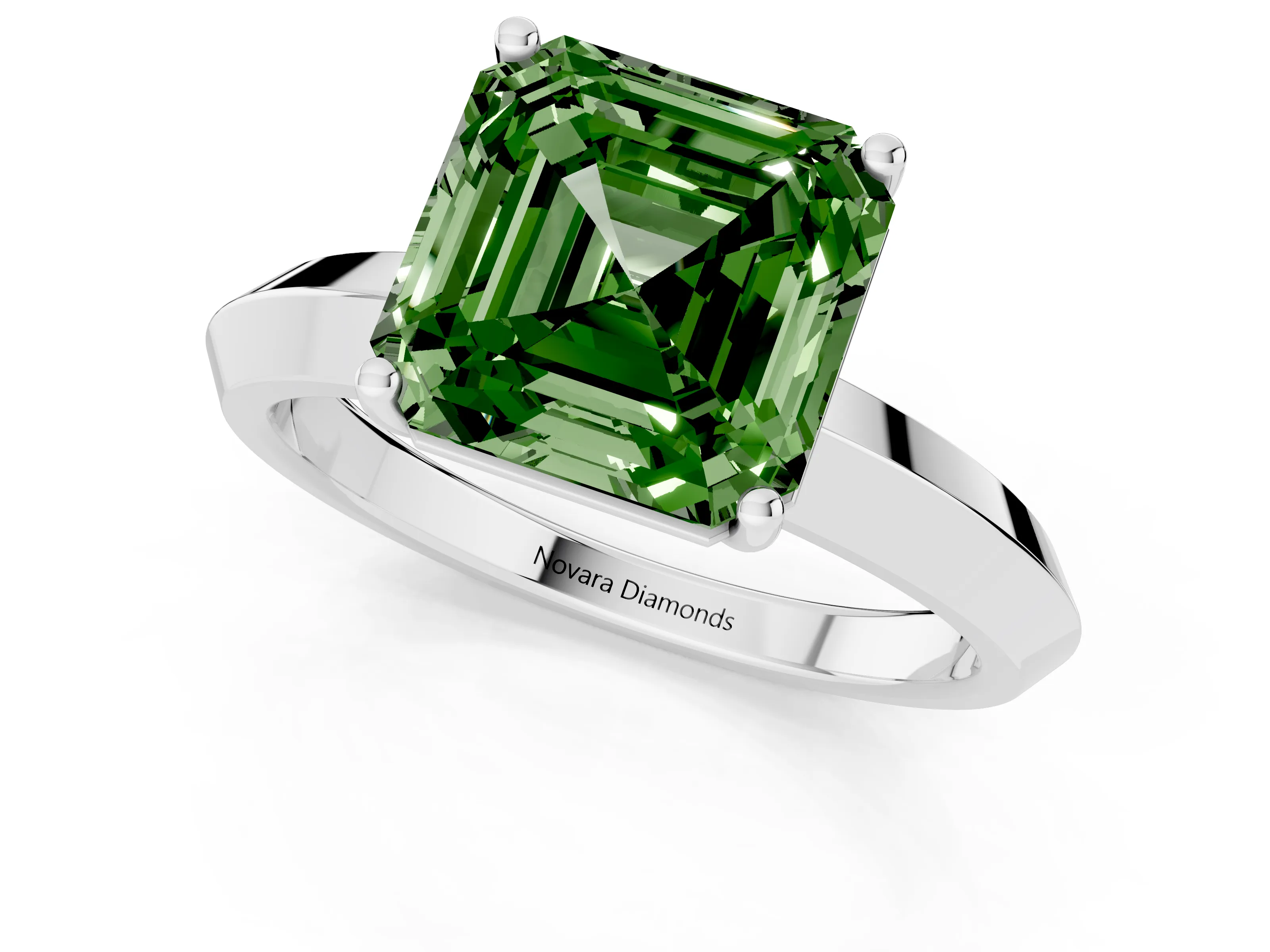 Fancy Green Asscher Cut Diamond Solitaire Engagement Ring Set in Platinum with Flat Band and Prong Setting