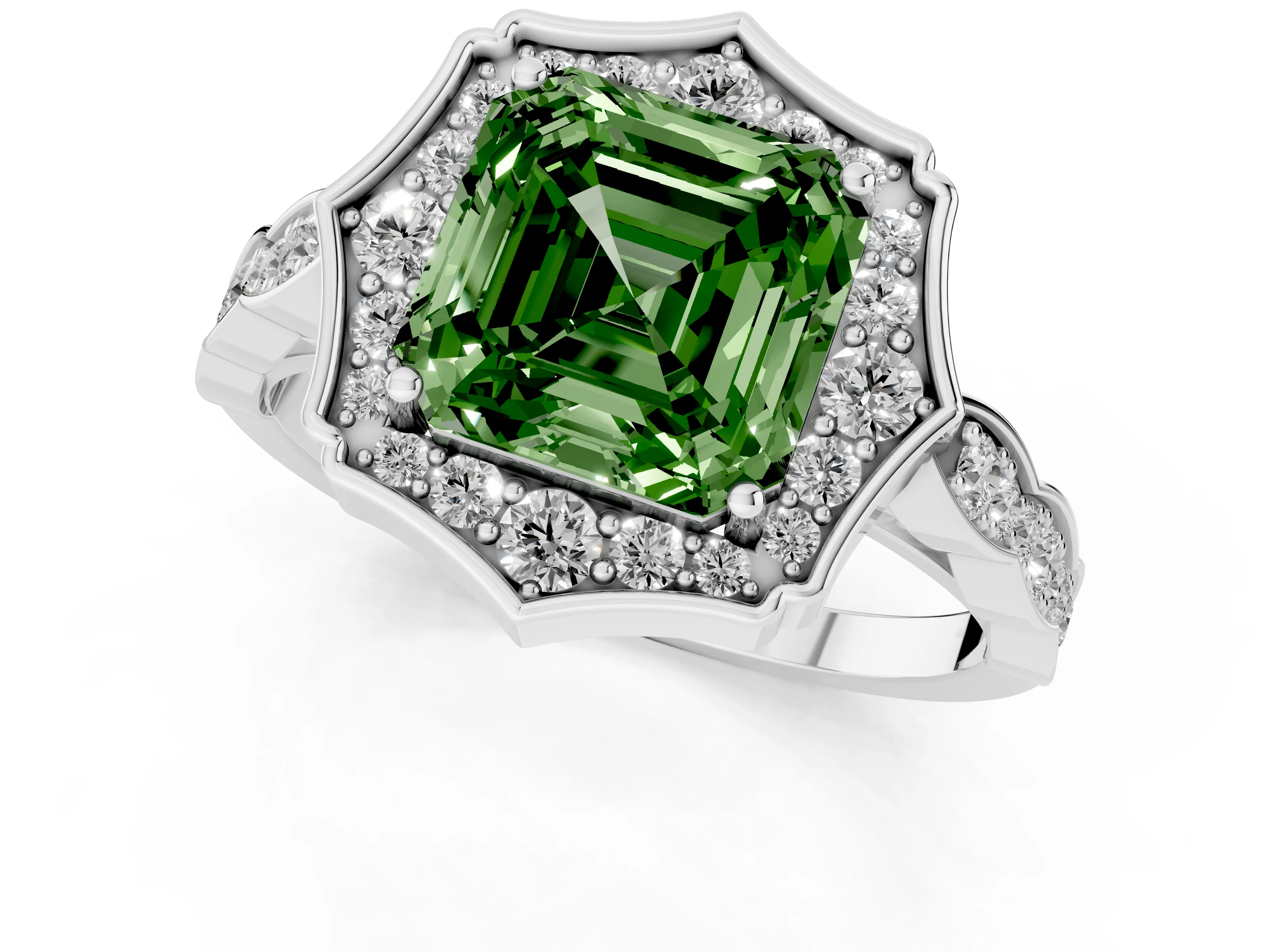 Fancy Green Asscher Cut Diamond Halo Engagement Ring Set in Platinum with Milgrain Band and Prong Setting – second view