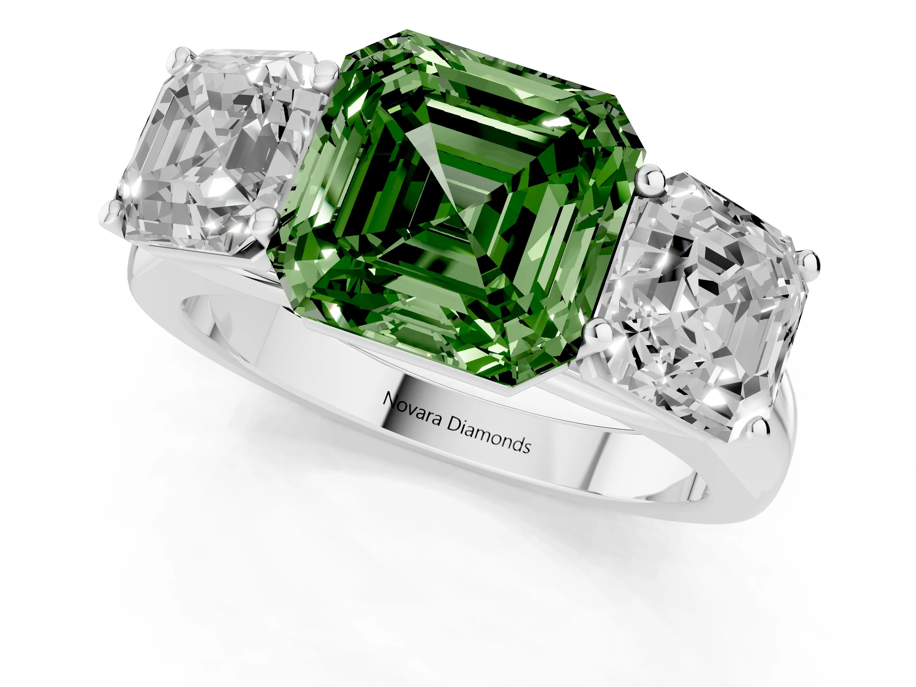 Fancy Green Asscher Cut Diamond Three-Stone Ring Set in White gold with Plain Polished Band