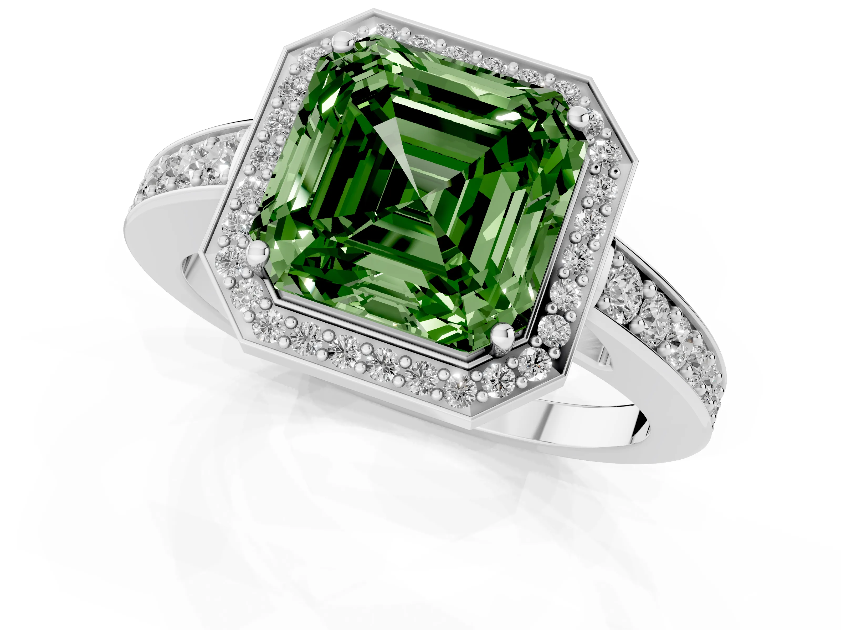 Fancy Green Asscher Cut Diamond Halo Pavé Engagement Ring Set in Platinum with Bezel Setting