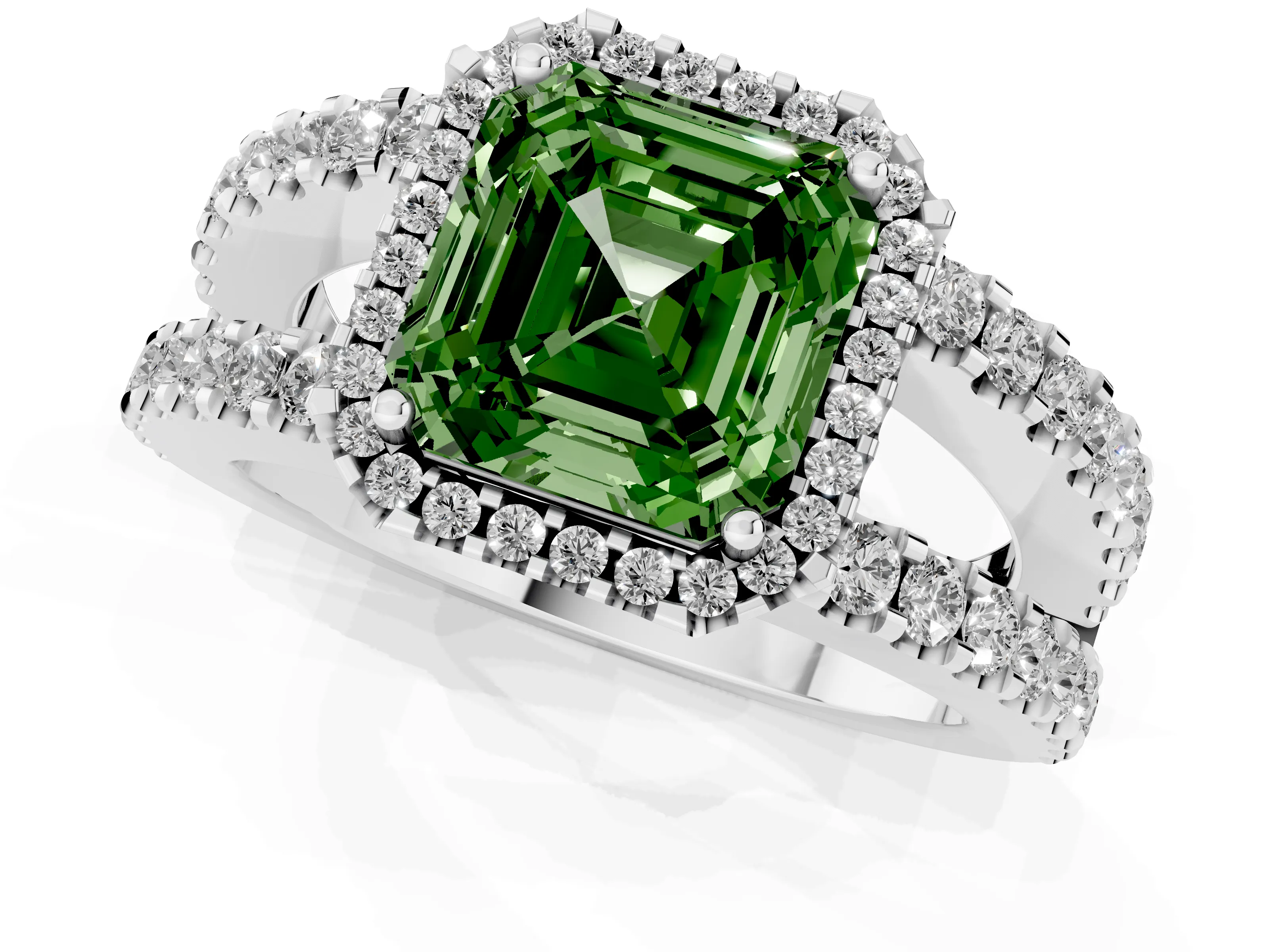 Fancy Green Asscher Cut Diamond Halo Ring Set in Platinum with Pavé Split Shank and Prong Setting