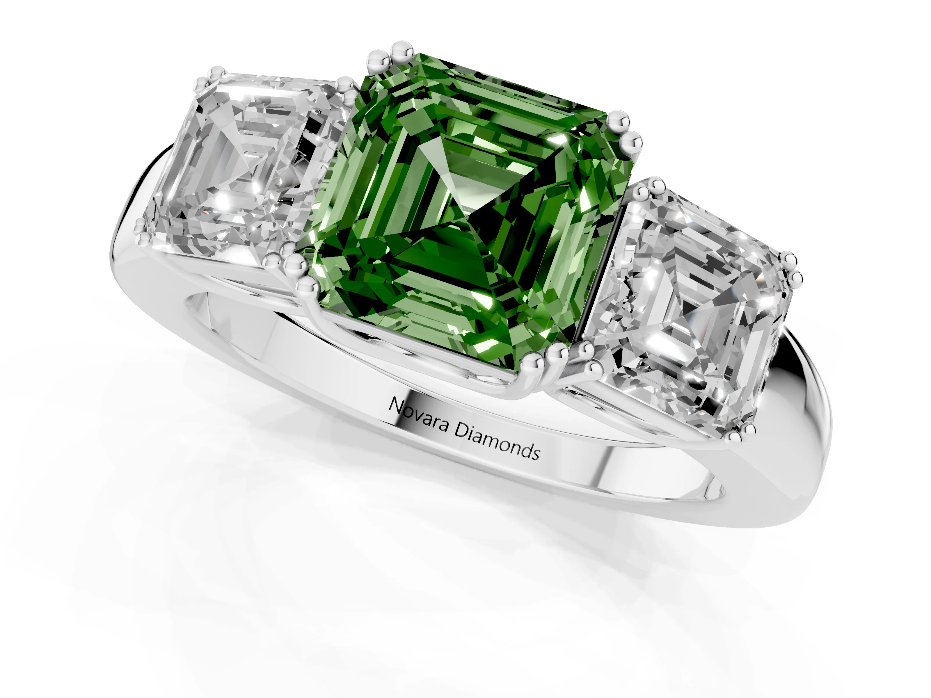 Fancy Green Asscher Cut Diamond Three-Stone Ring Set in Silver with Polished Band and Prong Setting