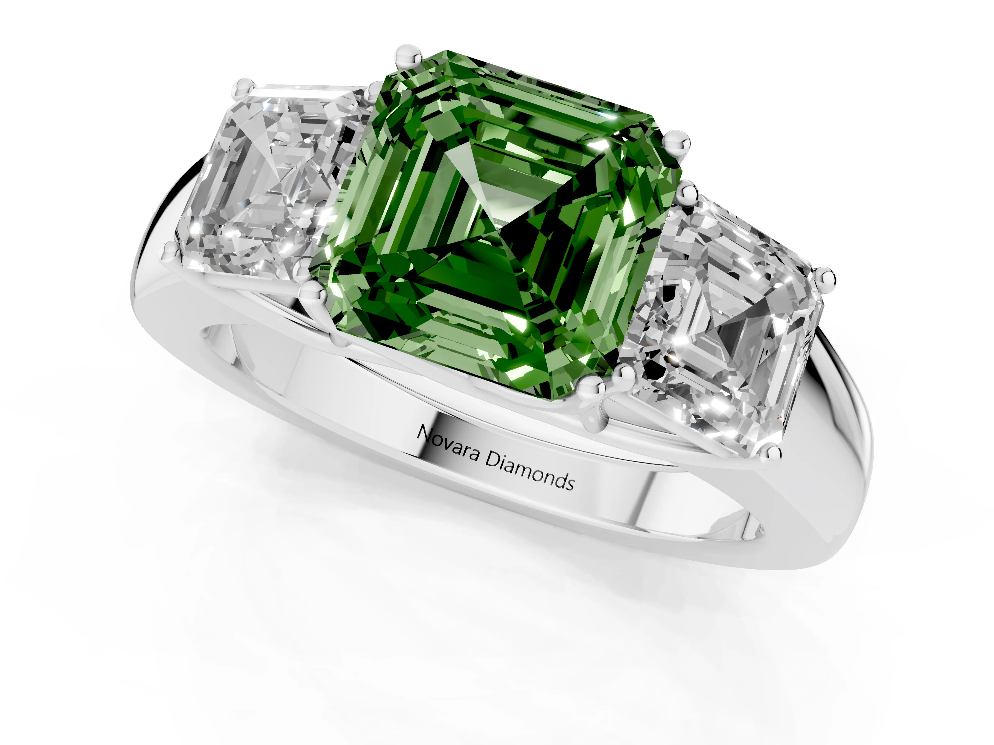 Fancy Green Three-Stone Asscher Cut Diamond Ring Set in White gold with Matching Prong Settings and Plain Band