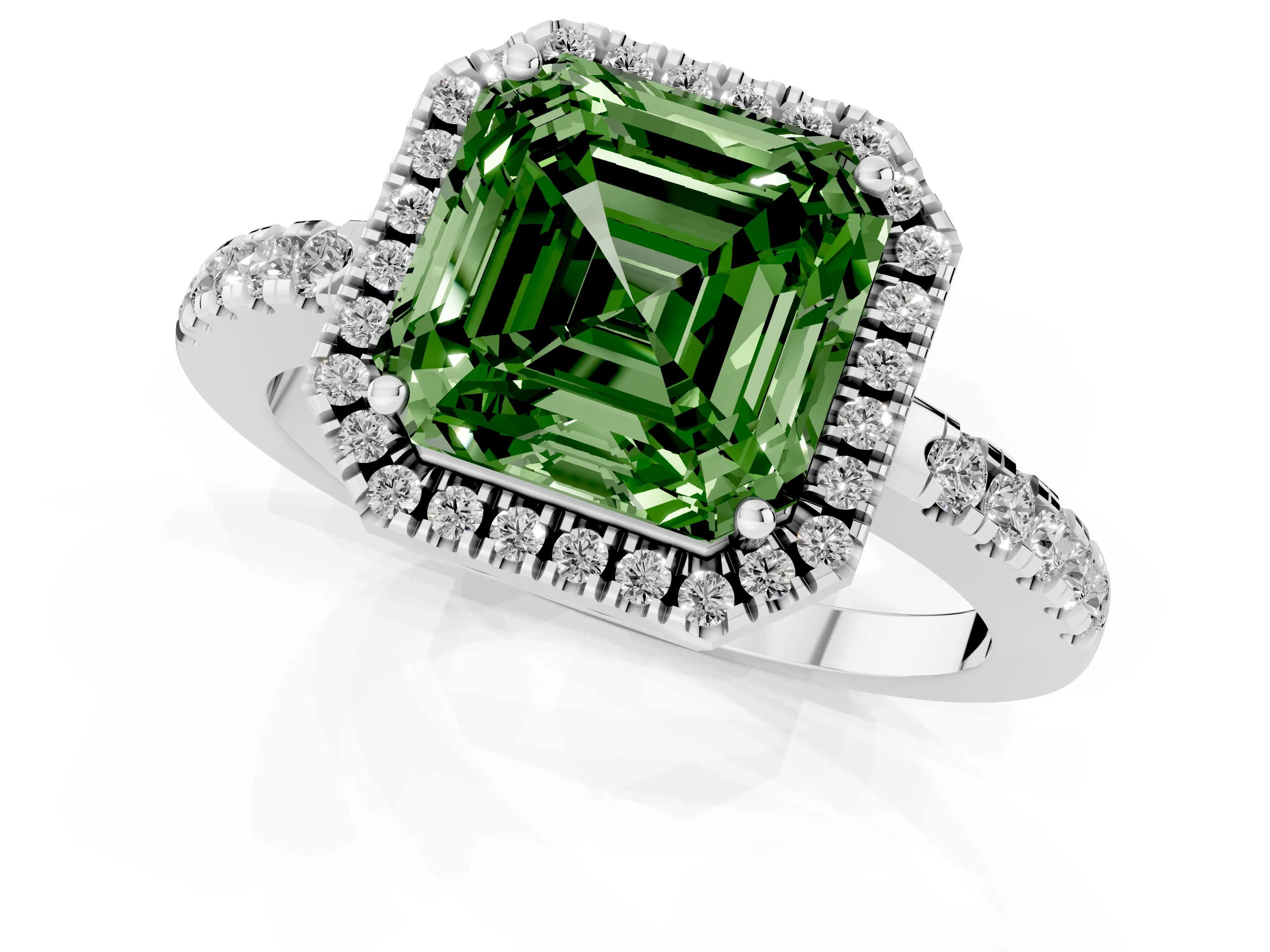 Fancy Green Asscher Cut Diamond Pavé Band Halo Engagement Ring Set in Silver with Prong Setting