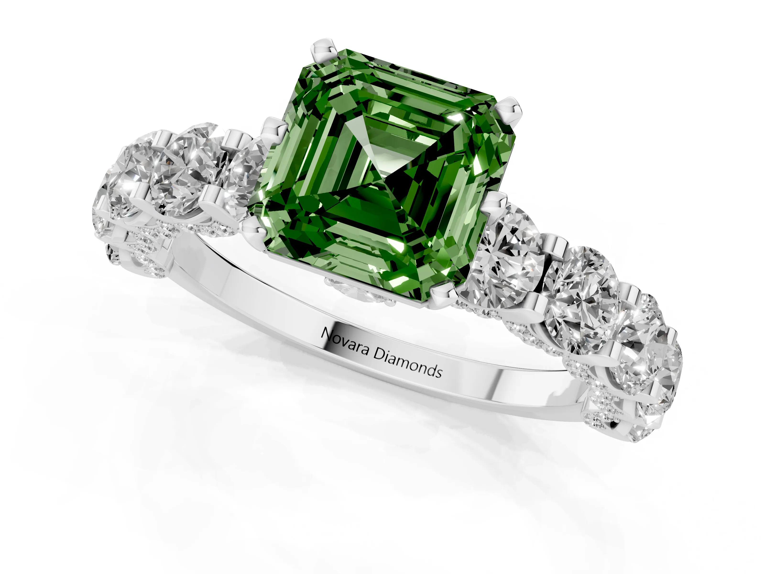 Fancy Green Asscher Cut Diamond Side Stone Ring Set in Silver with Alternating Round and Oval Side Stones