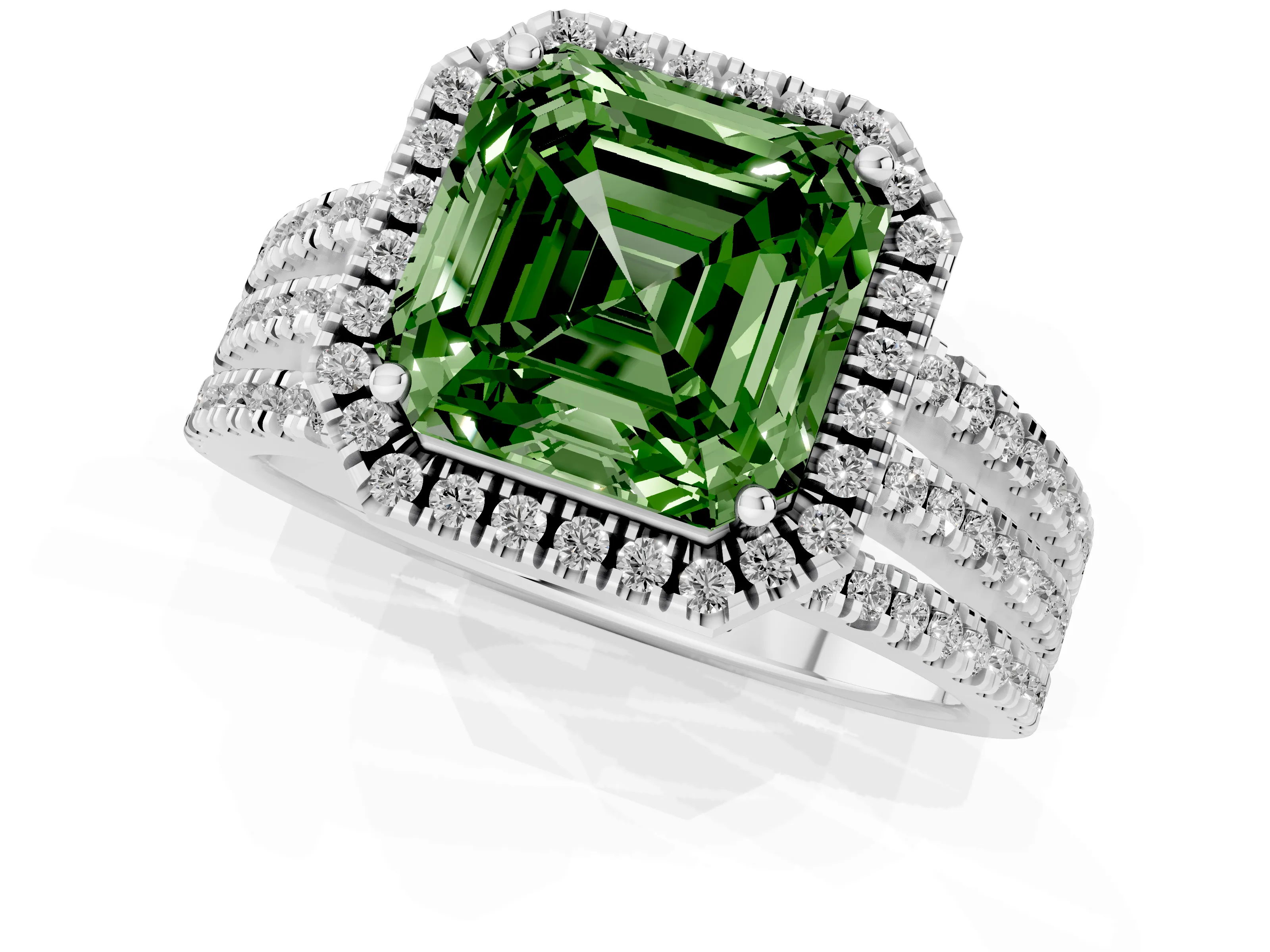 Fancy Green Asscher Cut Diamond Halo Split Shank Engagement Ring Set in Silver with Prong Setting
