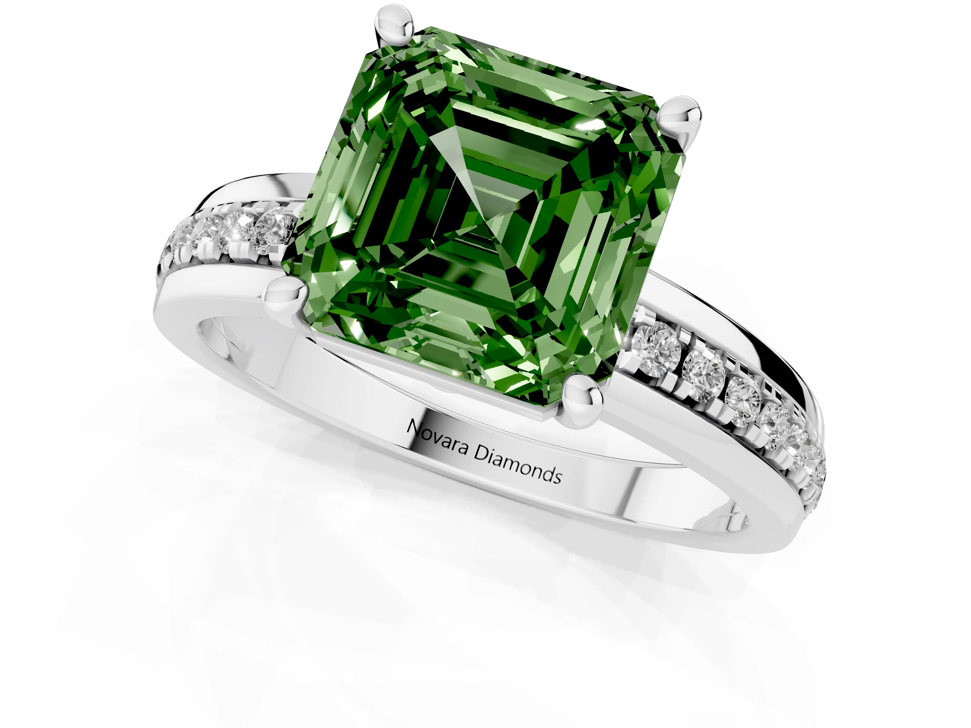 Fancy Green Asscher Cut Diamond Solitaire Ring Set in White gold with Channel Set Band and Prong Setting