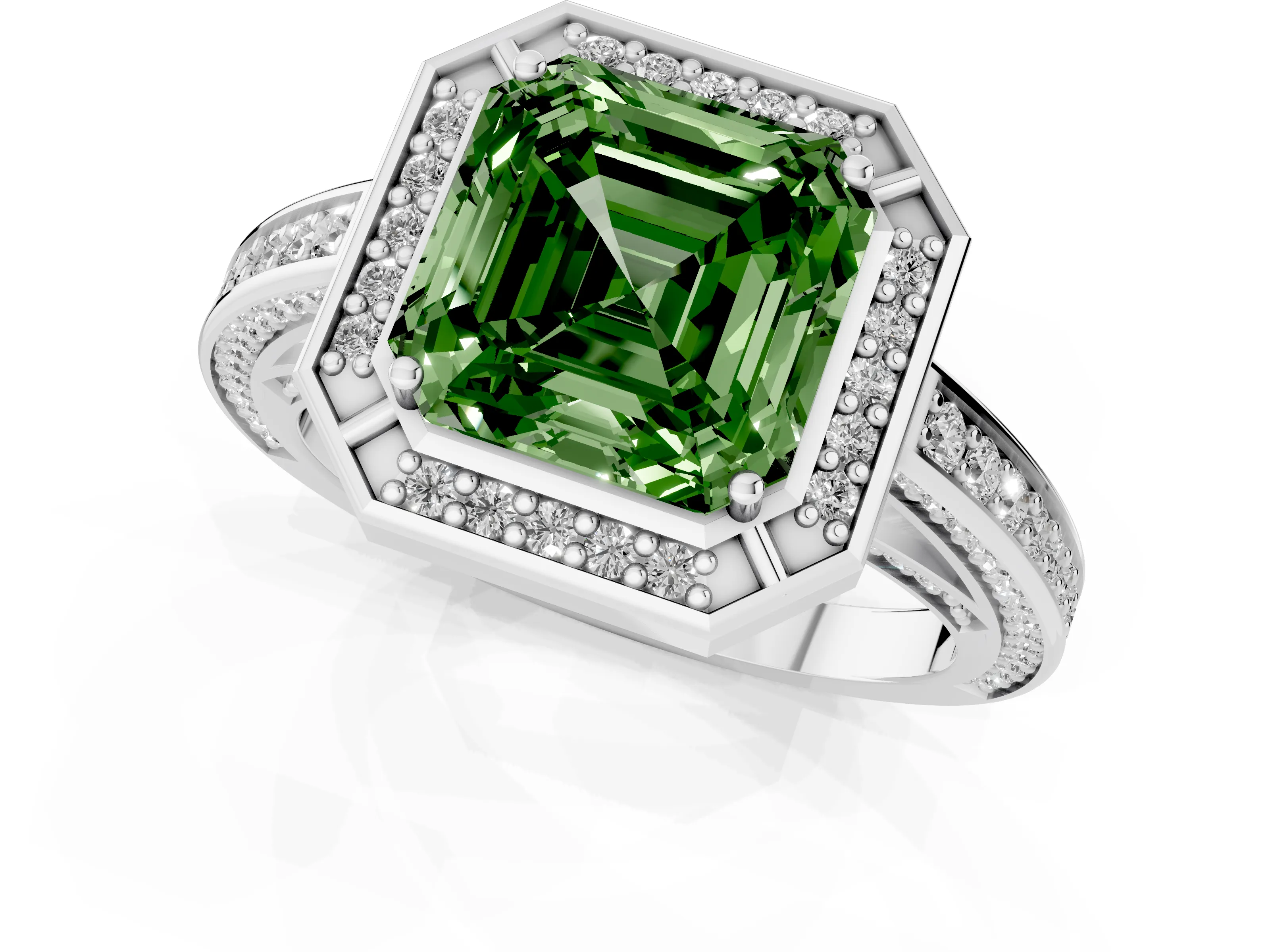 Fancy Green Asscher Cut Diamond Halo Pavé Split Shank Ring Set in White gold with Prong Setting