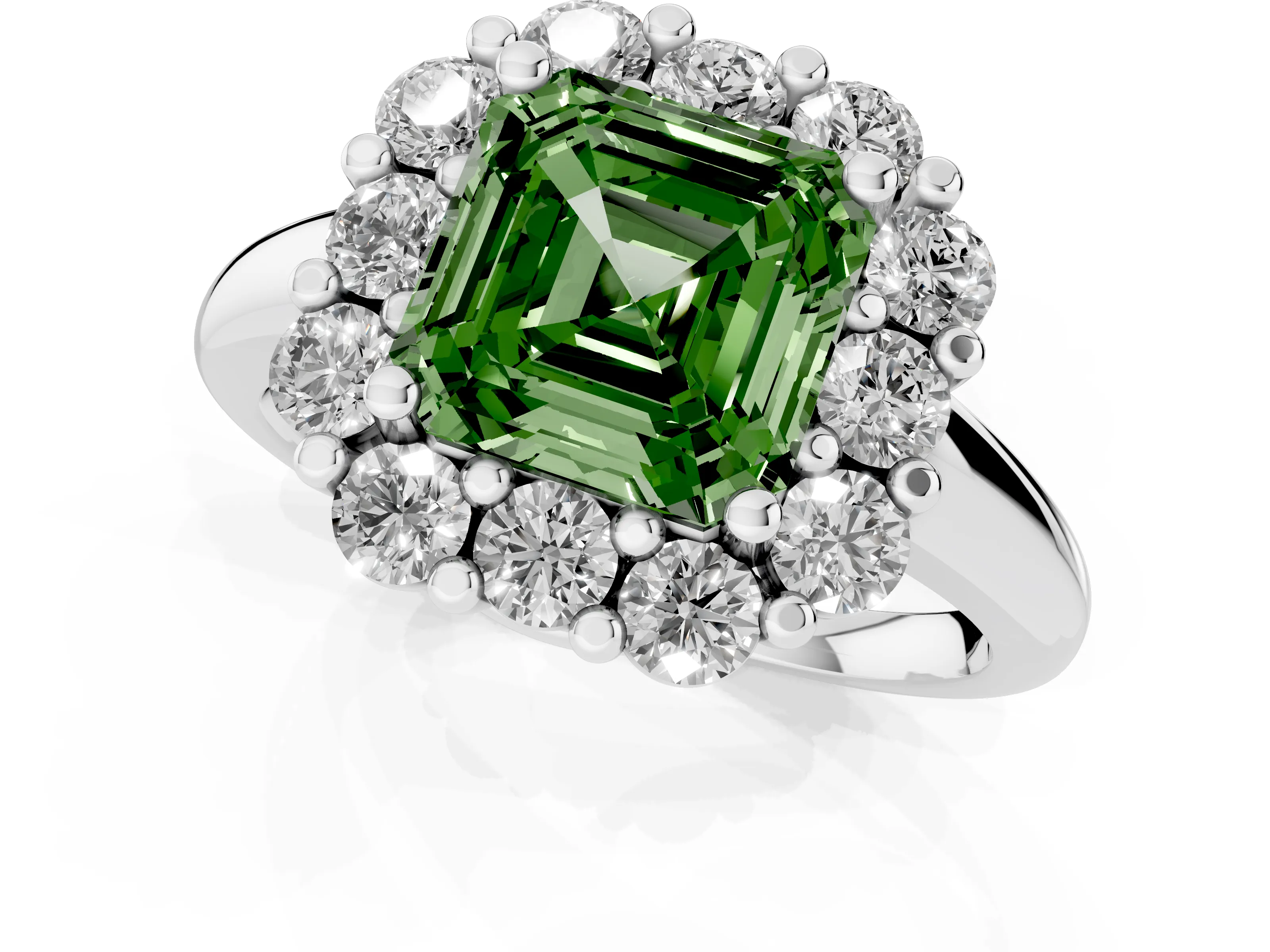 Fancy Green Asscher Cut Diamond Halo Cluster Engagement Ring Set in White gold with Polished Band and Prong Setting
