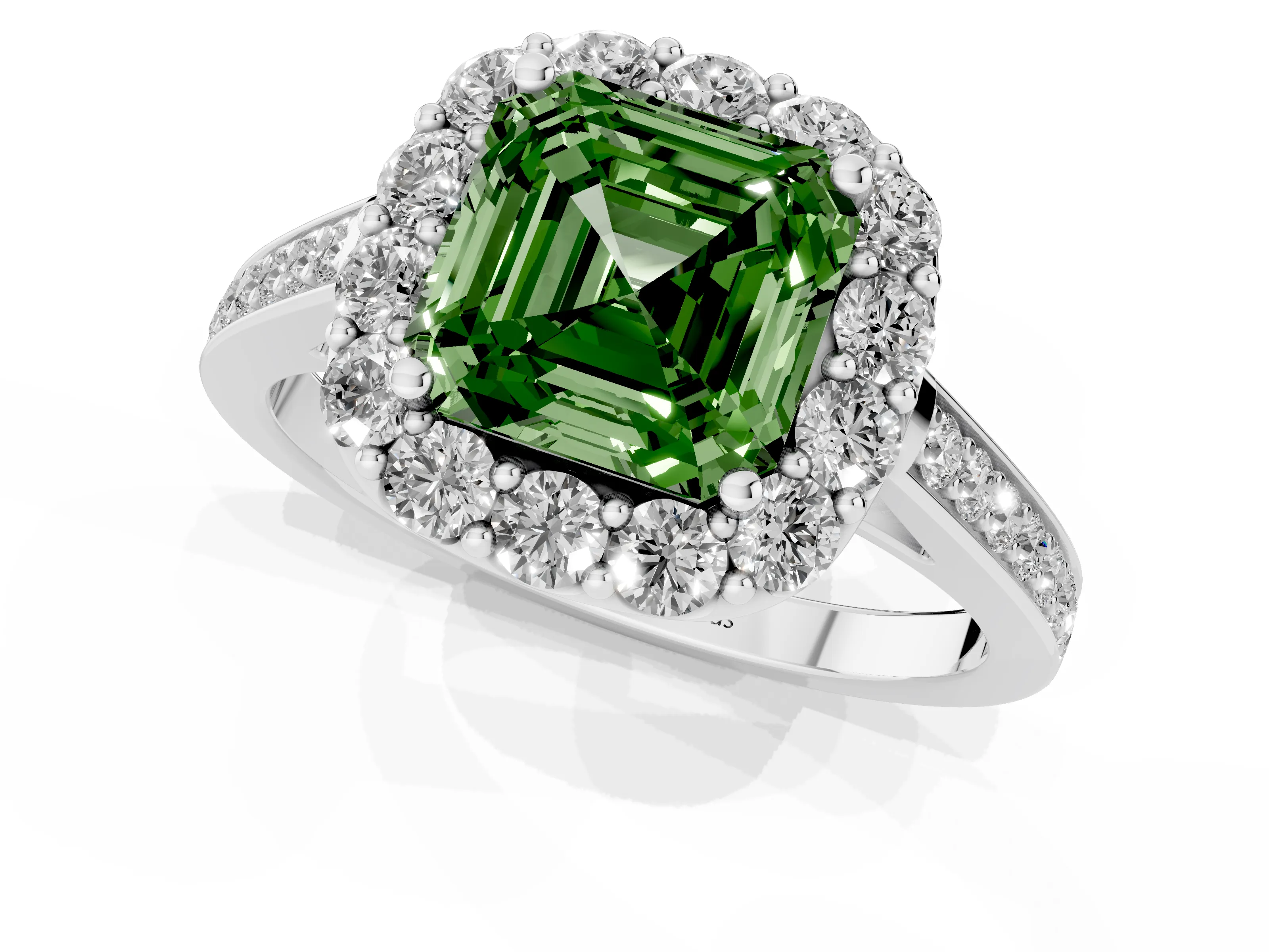 Fancy Green Asscher Cut Diamond Floral Halo Ring Set in Platinum with Pavé Band and Prong Setting