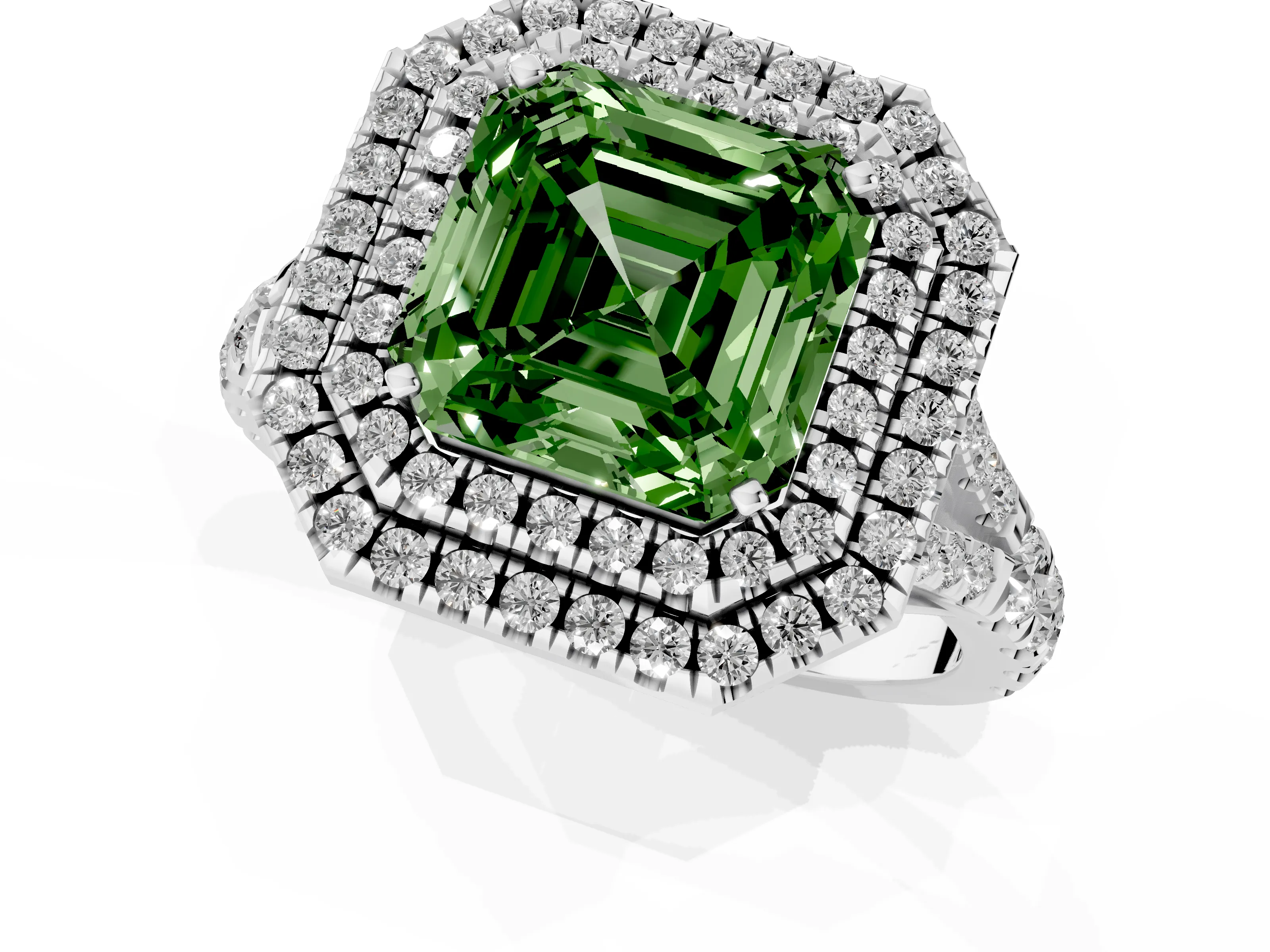Fancy Green Asscher Cut Diamond Pavé Split Shank Double Halo Engagement Ring Set in White gold