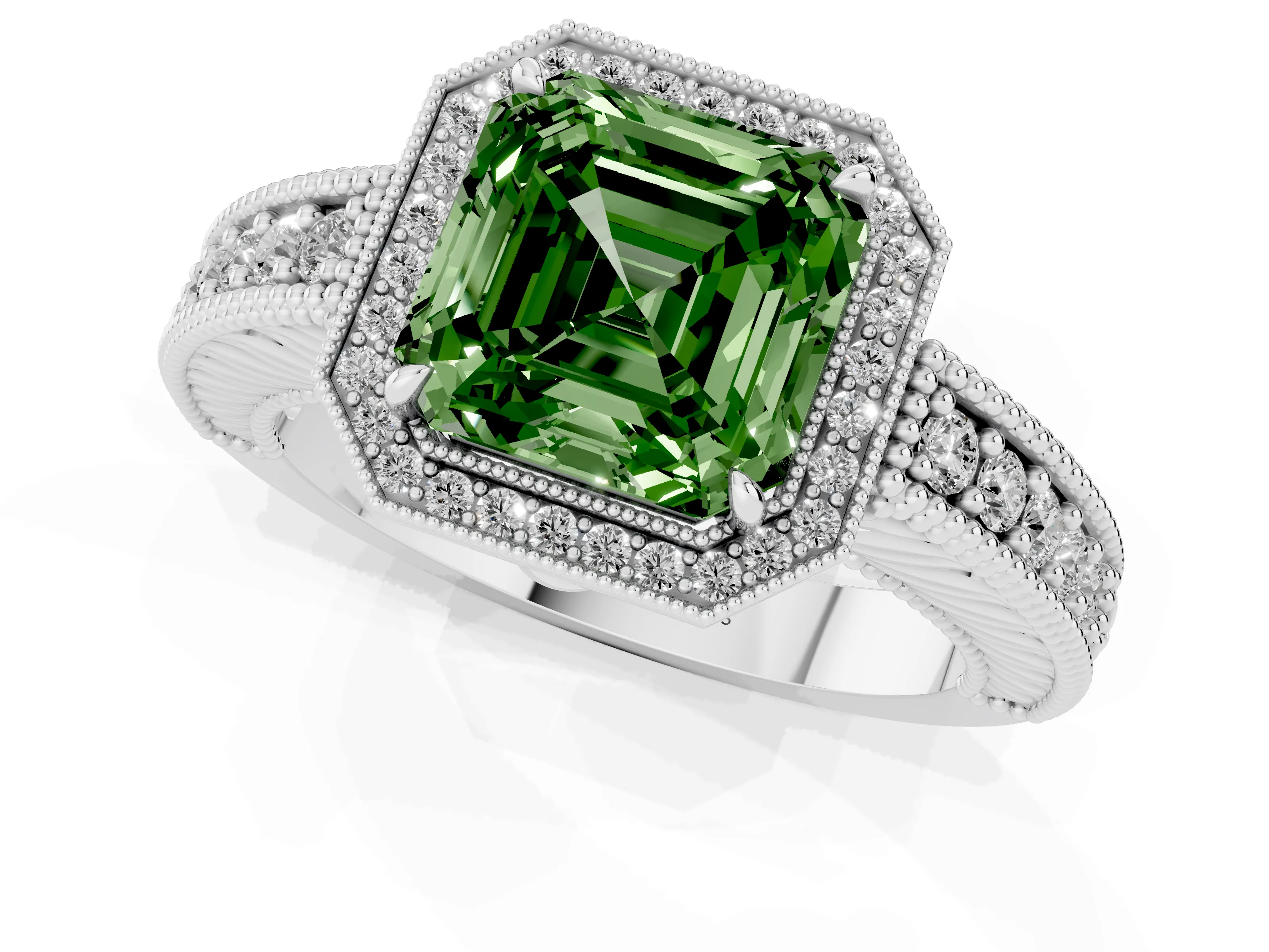Fancy Green Asscher Cut Diamond Halo Ring Set in White gold with Round Accent Halo, Pavé Band and Prong Setting