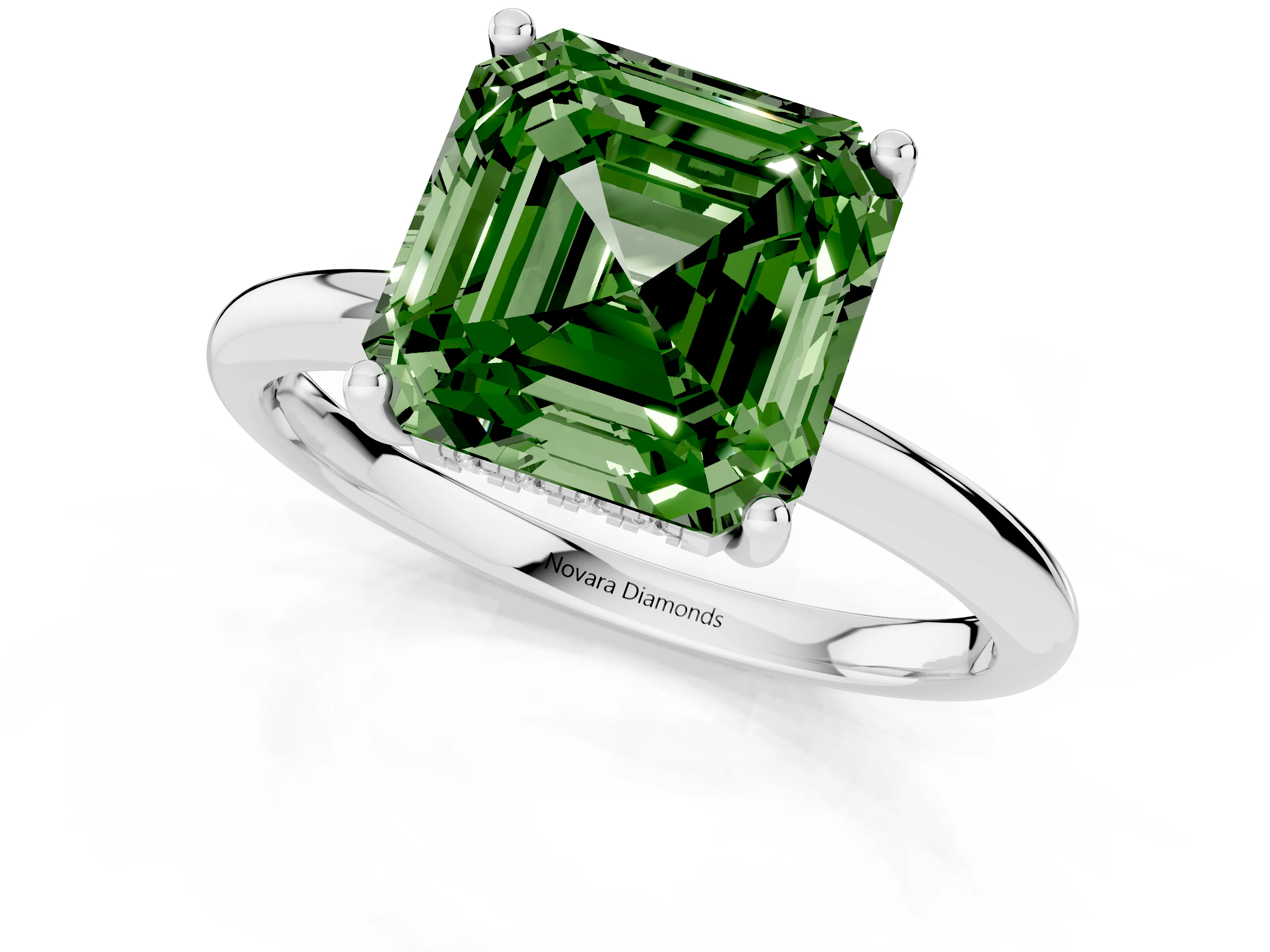 Fancy Green Asscher Cut Diamond Solitaire Engagement Ring Set in Platinum with Prong Setting and Polished Band