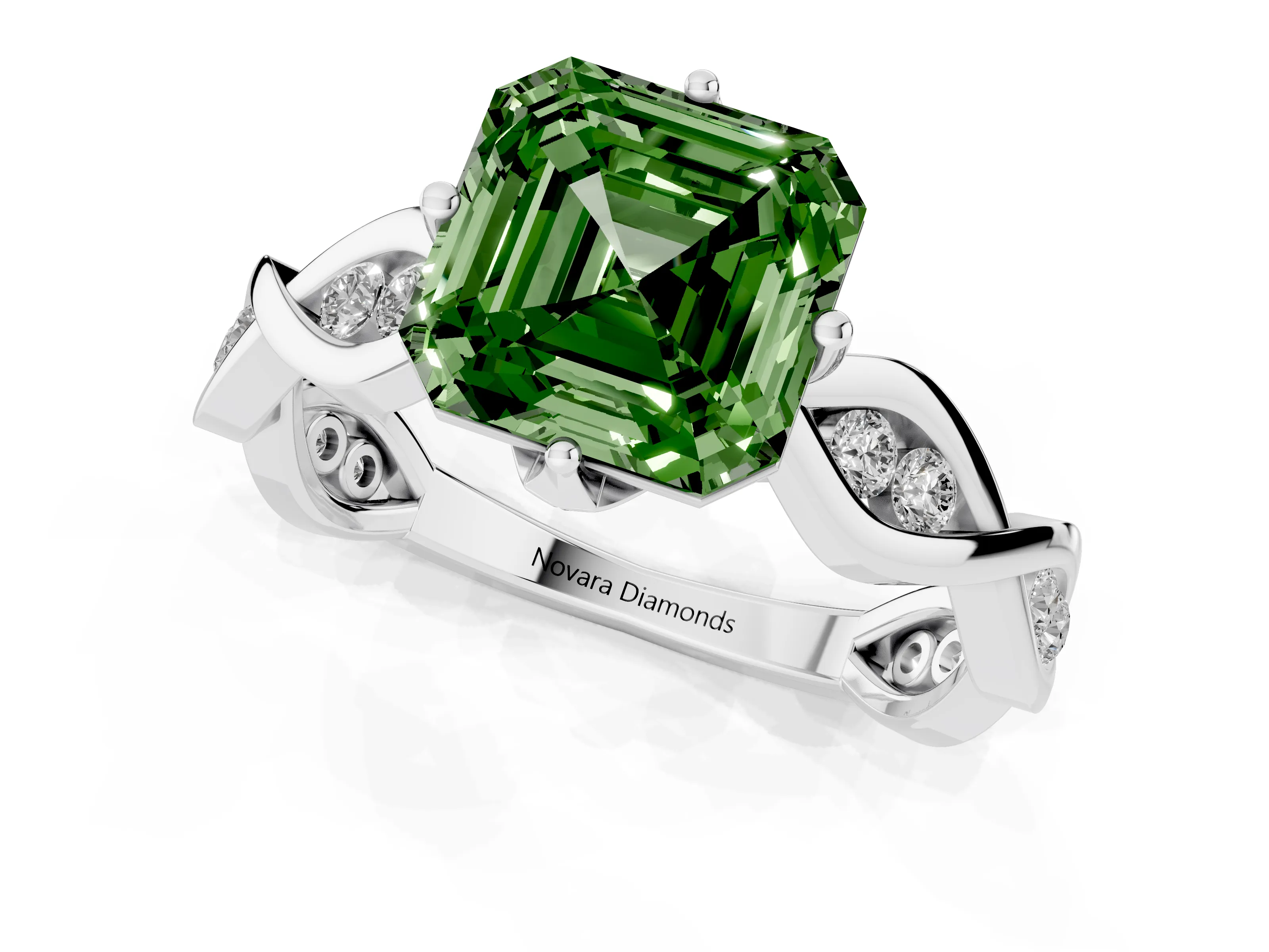 Fancy Green Asscher Cut Diamond Twist Band Solitaire Ring Set in Platinum with Leaf Prong Setting and Accent Stones