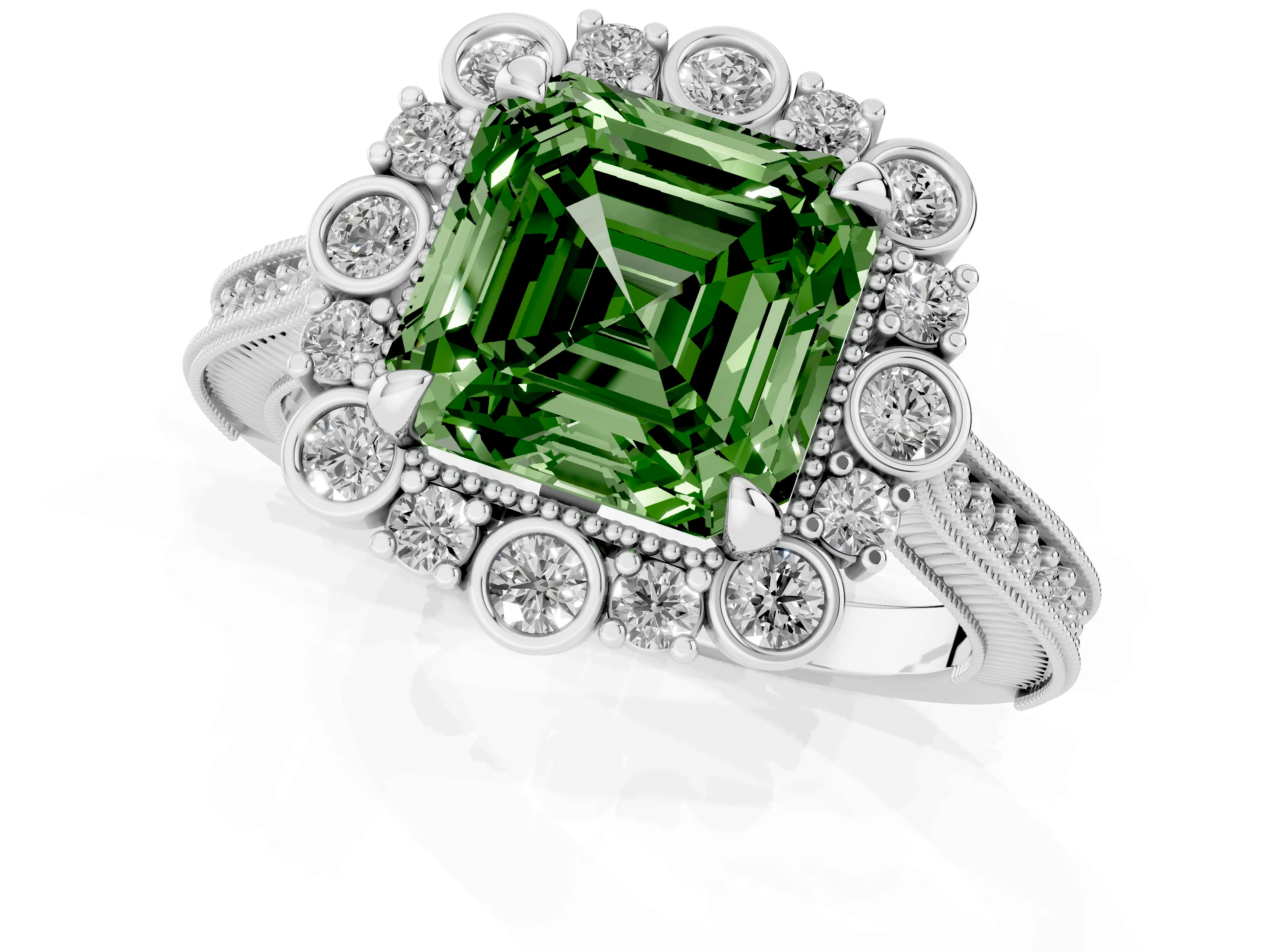 Fancy Green Asscher Cut Diamond Halo Milgrain Pavé Ring Set in White gold with Prong Setting