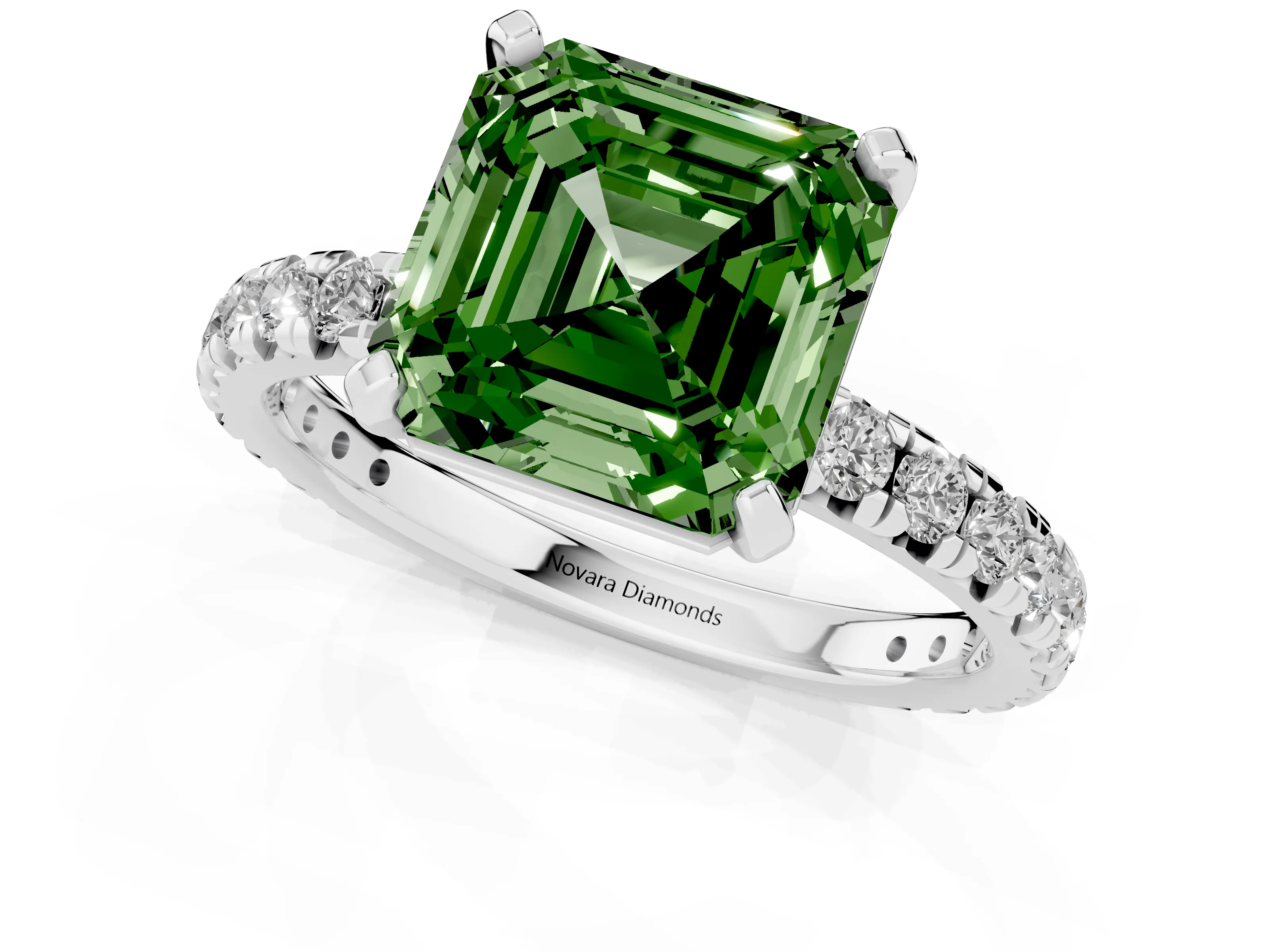 Fancy Green Asscher Cut Diamond Pavé Solitaire Ring Set in White gold with Round Band and Prong Setting – second view