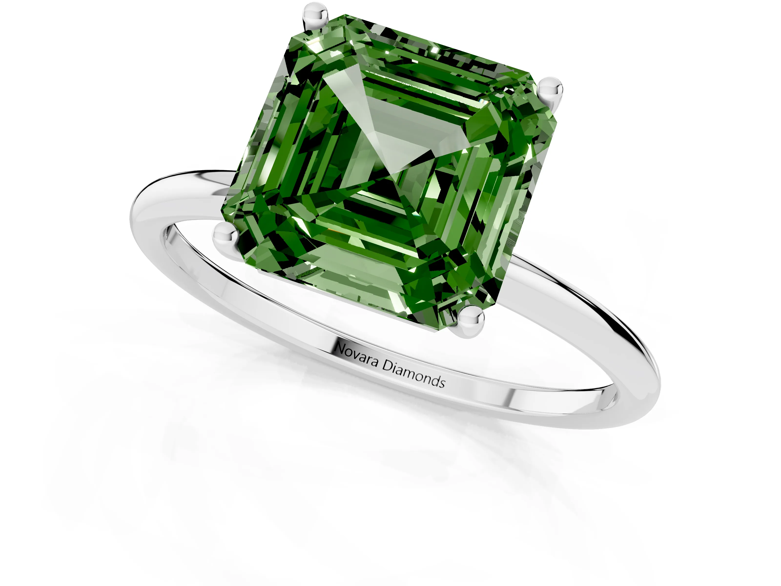 Fancy Green Asscher Cut Diamond Solitaire Engagement Ring Set in Platinum with Thin Band and Prong Setting – second view