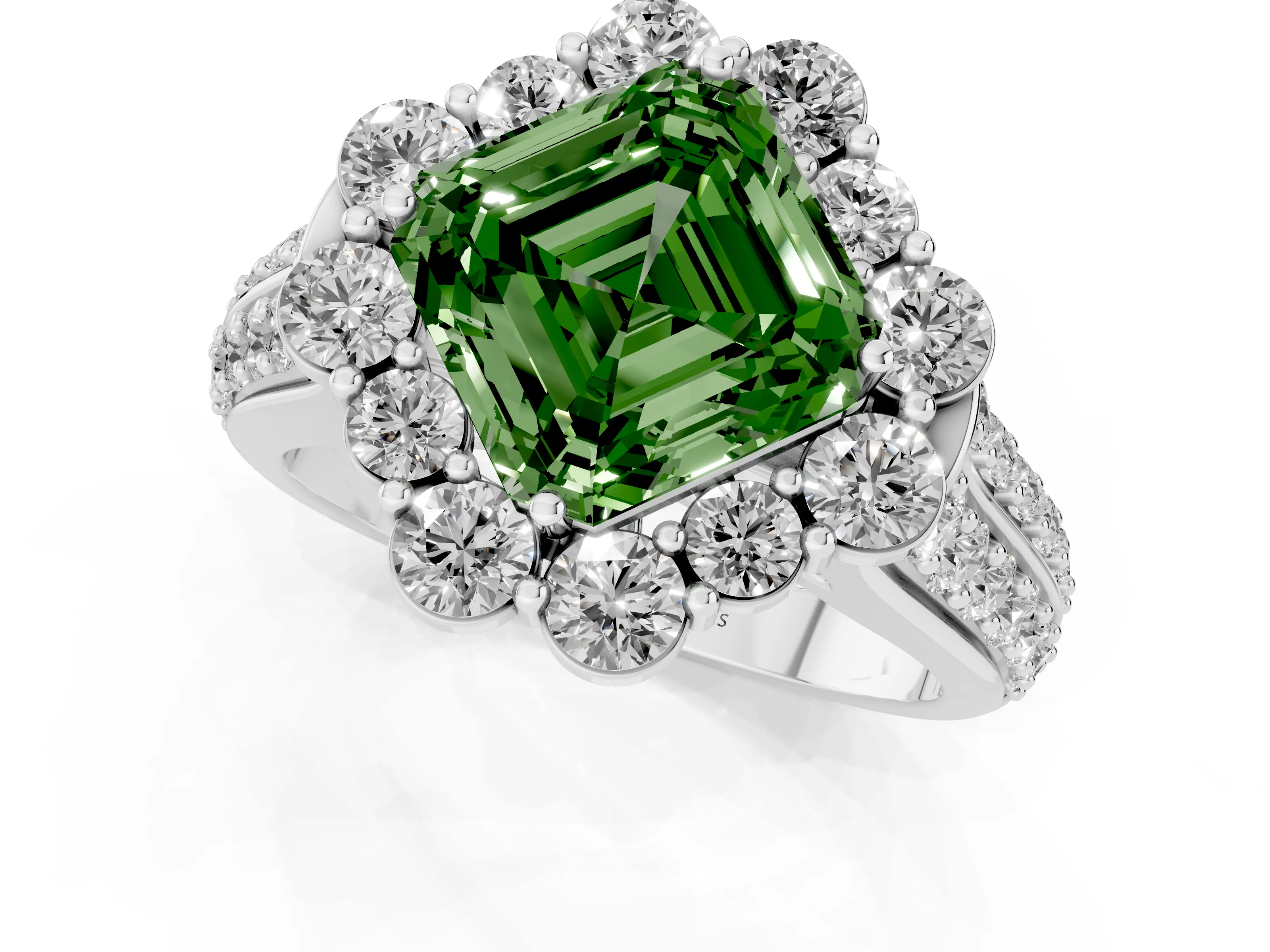 Fancy Green Asscher Cut Diamond Halo Engagement Ring Set in Silver with Split Shank and Prong Setting